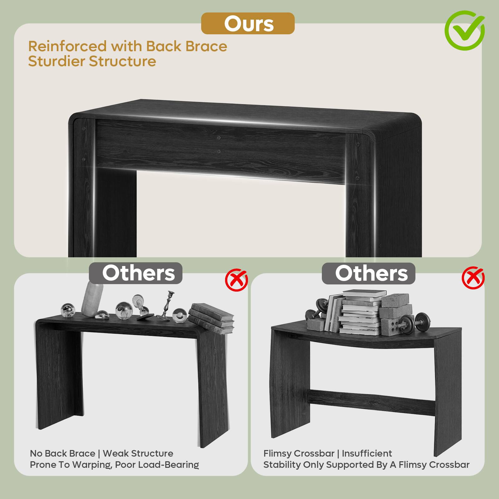 Ours  
Reinforced with Back Brace  
Sturdier Structure  

Others  
No Back Brace | Weak Structure  
Prone To Warping, Poor Load-Bearing  

Others  
Flimsy Crossbar | Insufficient Stability  
Only Supported By A Flimsy Crossbar
