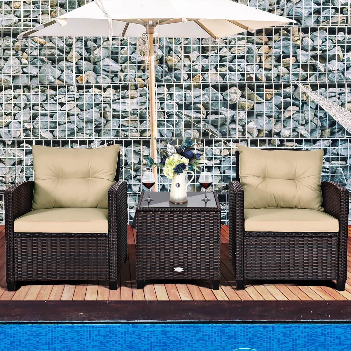 Alt View 3. Costway - 3PCS Patio Rattan Furniture Set Cushioned Conversation Set Sofa Coffee Table - Beige.
