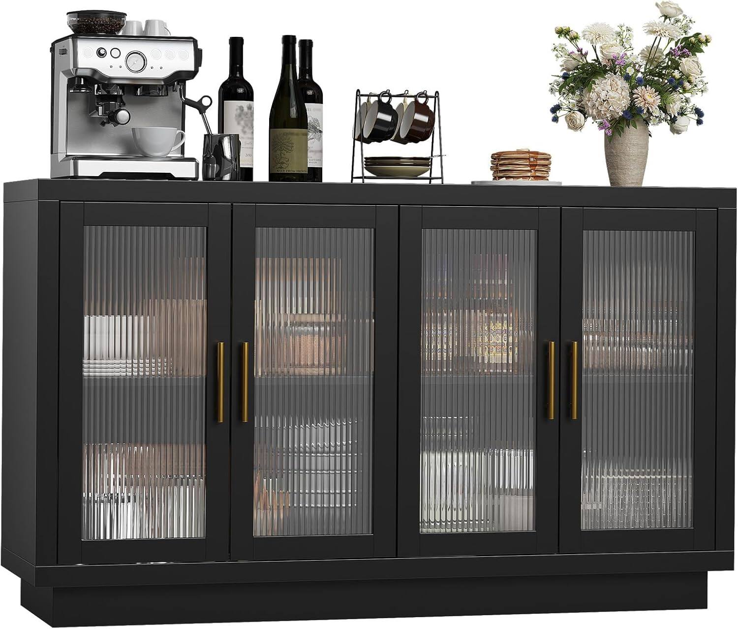 Angle. GARVEE - 55.1in Sideboard Buffet Cabinet with Storage, Large Sideboard Kitchen Cabinet with Doors and Adjustable Shelves - Black.