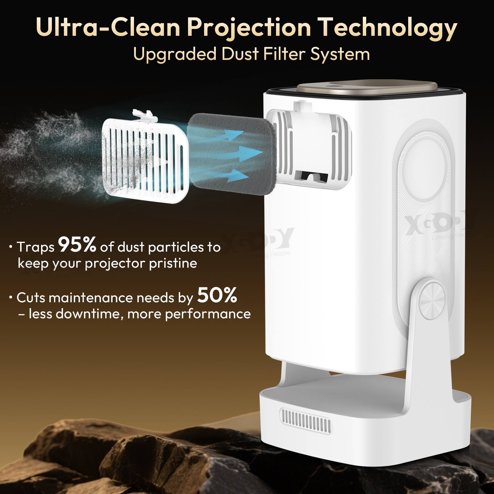 Ultra-Clean Projection Technology  
Upgraded Dust Filter System  

- Traps 95% of dust particles to keep your projector pristine  
- Cuts maintenance needs by 50% - less downtime, more performance