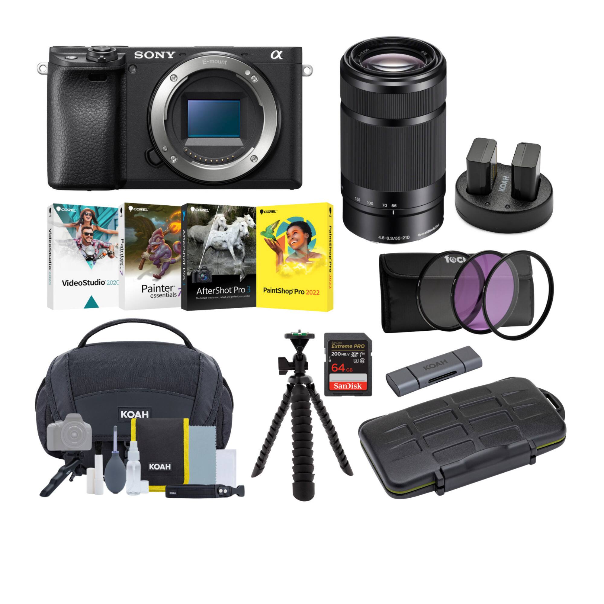 The image shows a variety of Sony products and accessories, including a camera, lens, and tripod. There are also other items such as a bag, books, and a cell phone. The products are arranged in a visually appealing manner, showcasing the different items available for use with the Sony camera.