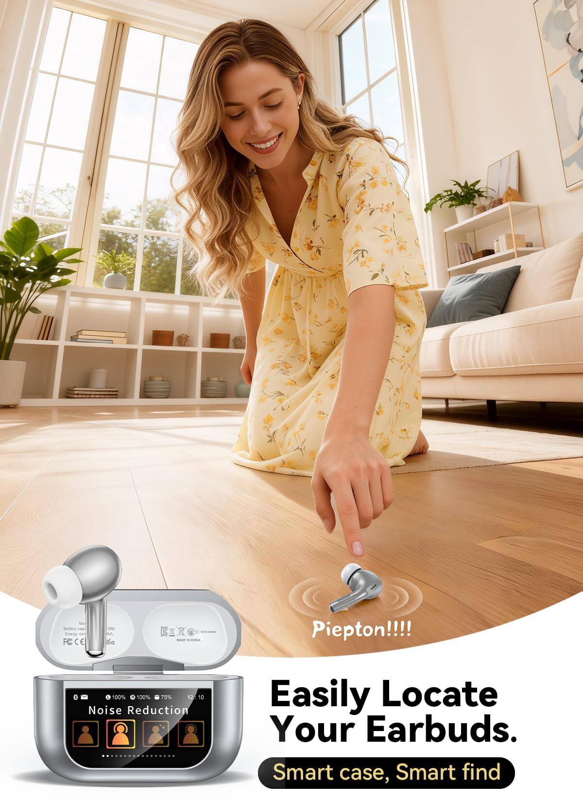 Mi mamery Lp Energa ton FC CE SM i Ls GEX - Piepton!!!! 00% 100% 75% 12 10 Noise Reduction Easily Locate Your Earbuds. Smart case, Smart find