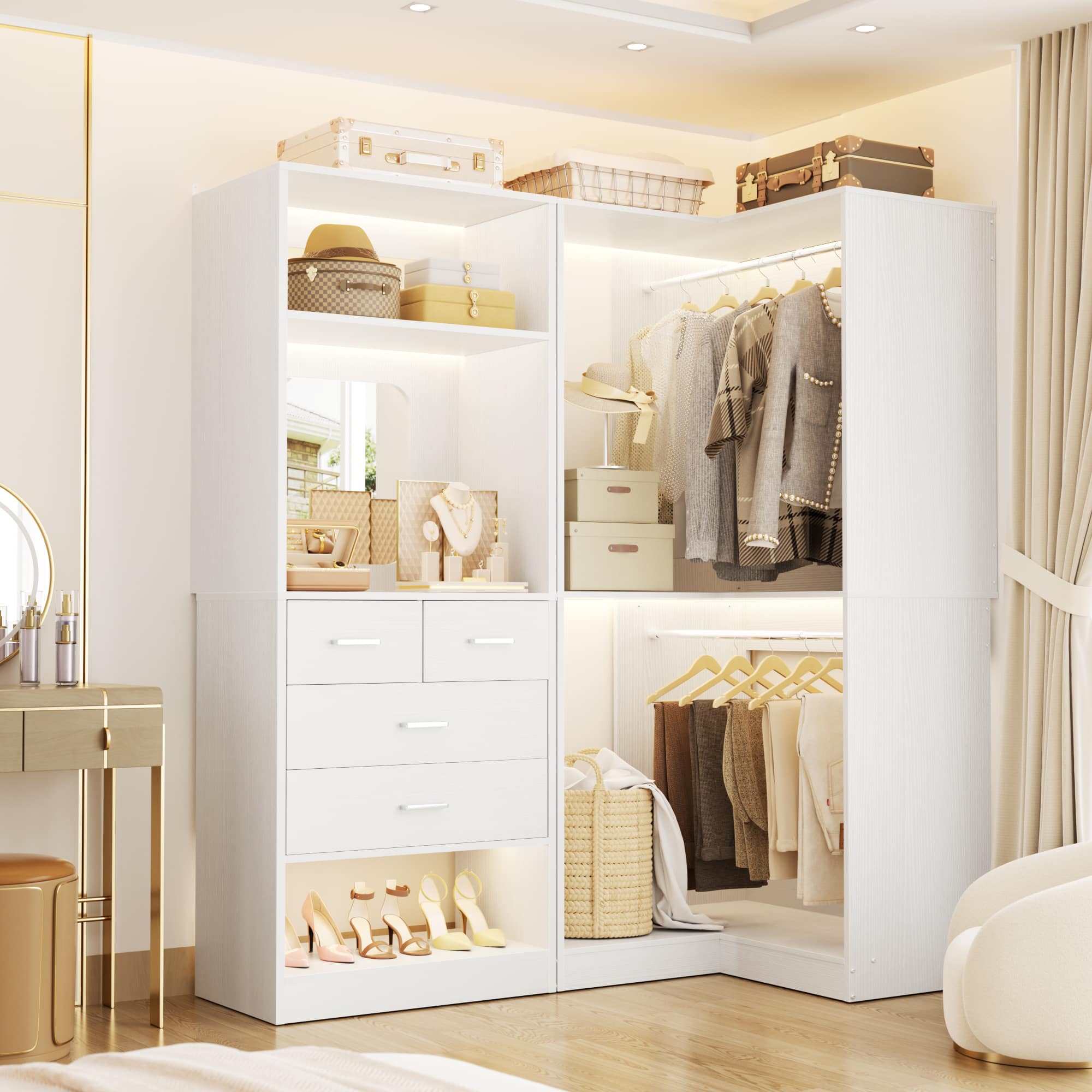 Aheaplus - Freestanding 56.5" Closet Organizer System2 Piece Set, with 4 Drawers, 2 Hanging Rods, Mirror, and Shelves - White