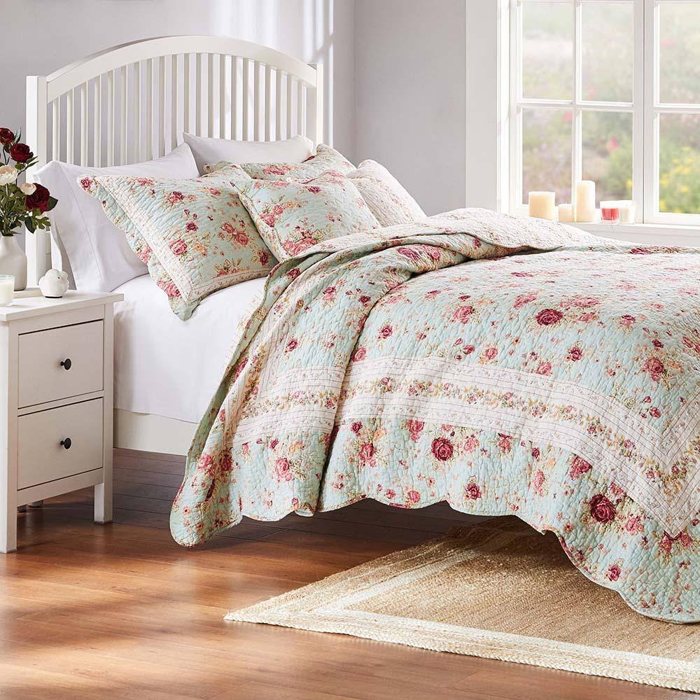 Alt View 2. Greenland Home Fashions - Greenland Home Antique Rose Floral Print Decorative High Quality Quilt Set 5-Piece Full/Queen Blue - Blue.