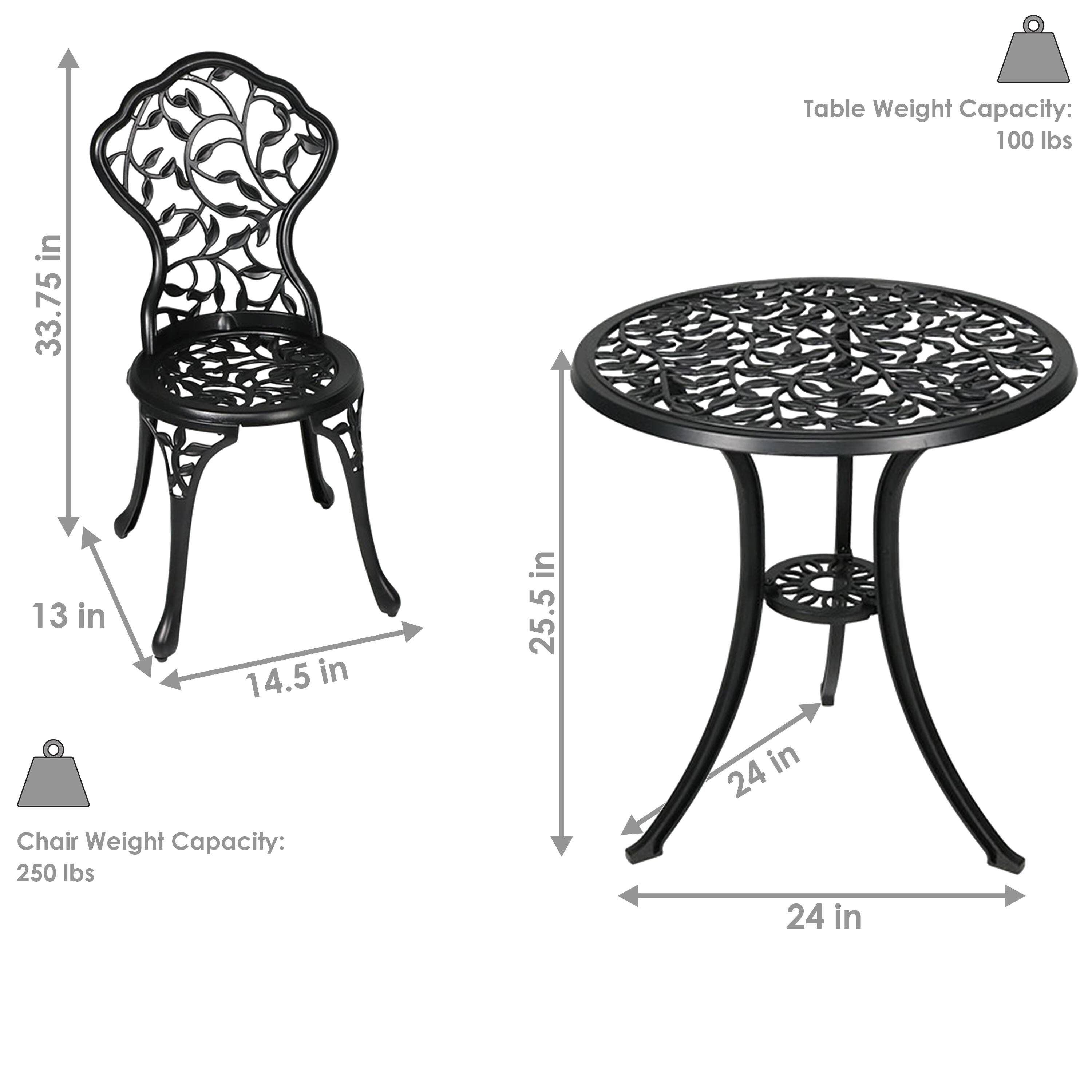 Table Weight Capacity: 100 lbs  
Dimensions: 25.5 in (diameter) x 24 in (height)

Chair Weight Capacity: 250 lbs  
Dimensions: 14.5 in (seat width) x 13 in (seat depth) x 33.75 in (height)