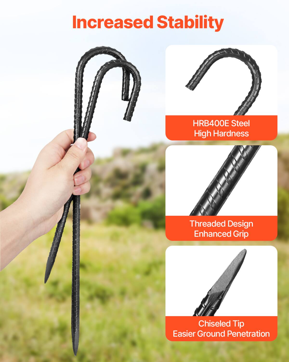 Increased Stability  
HRB400E Steel High Hardness  
Threaded Design Enhanced Grip  
Chiseled Tip Easier Ground Penetration