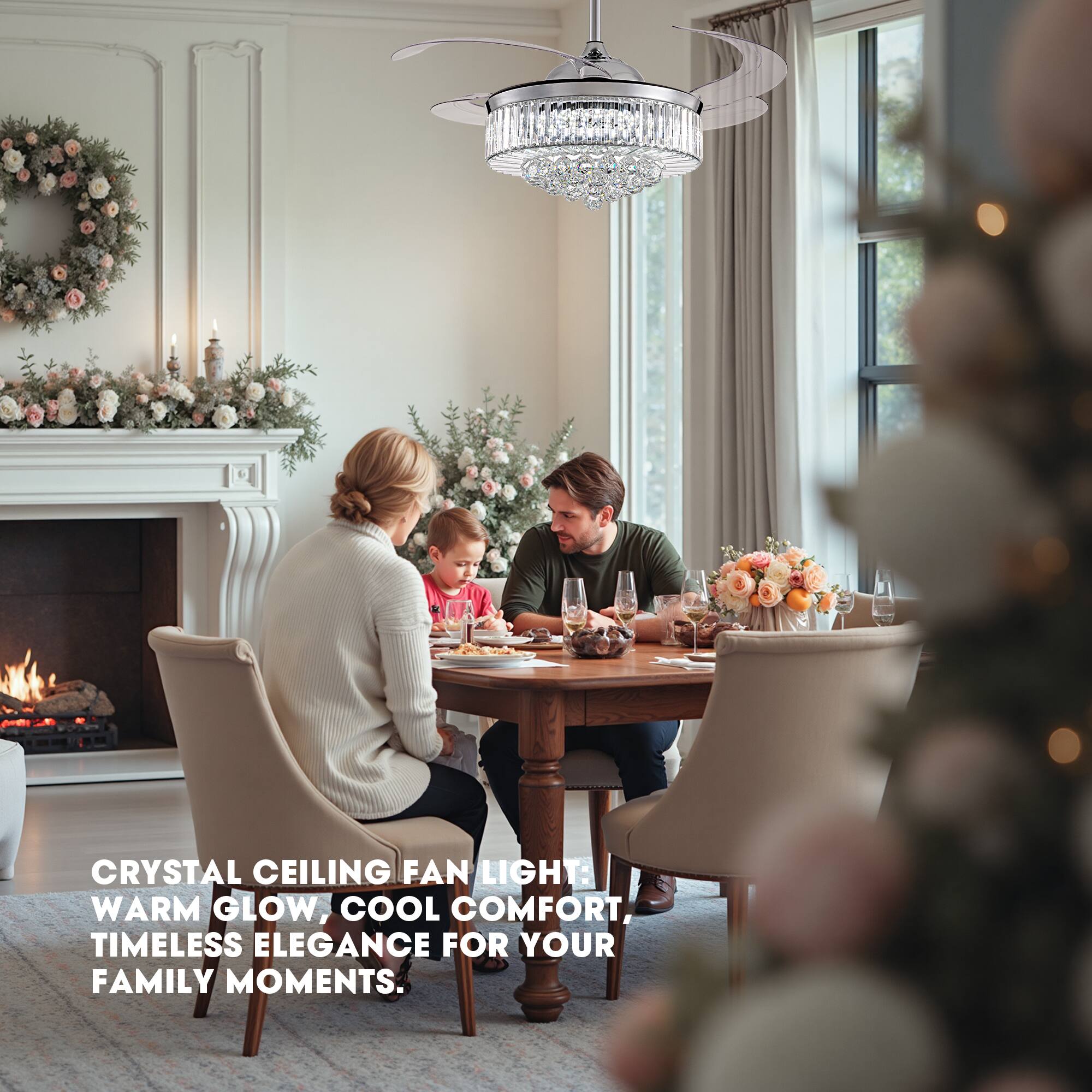 CRYSTAL CEILING FAN LIGHT: WARM GLOW, COOL COMFORT, TIMELESS ELEGANCE FOR YOUR FAMILY MOMENTS.