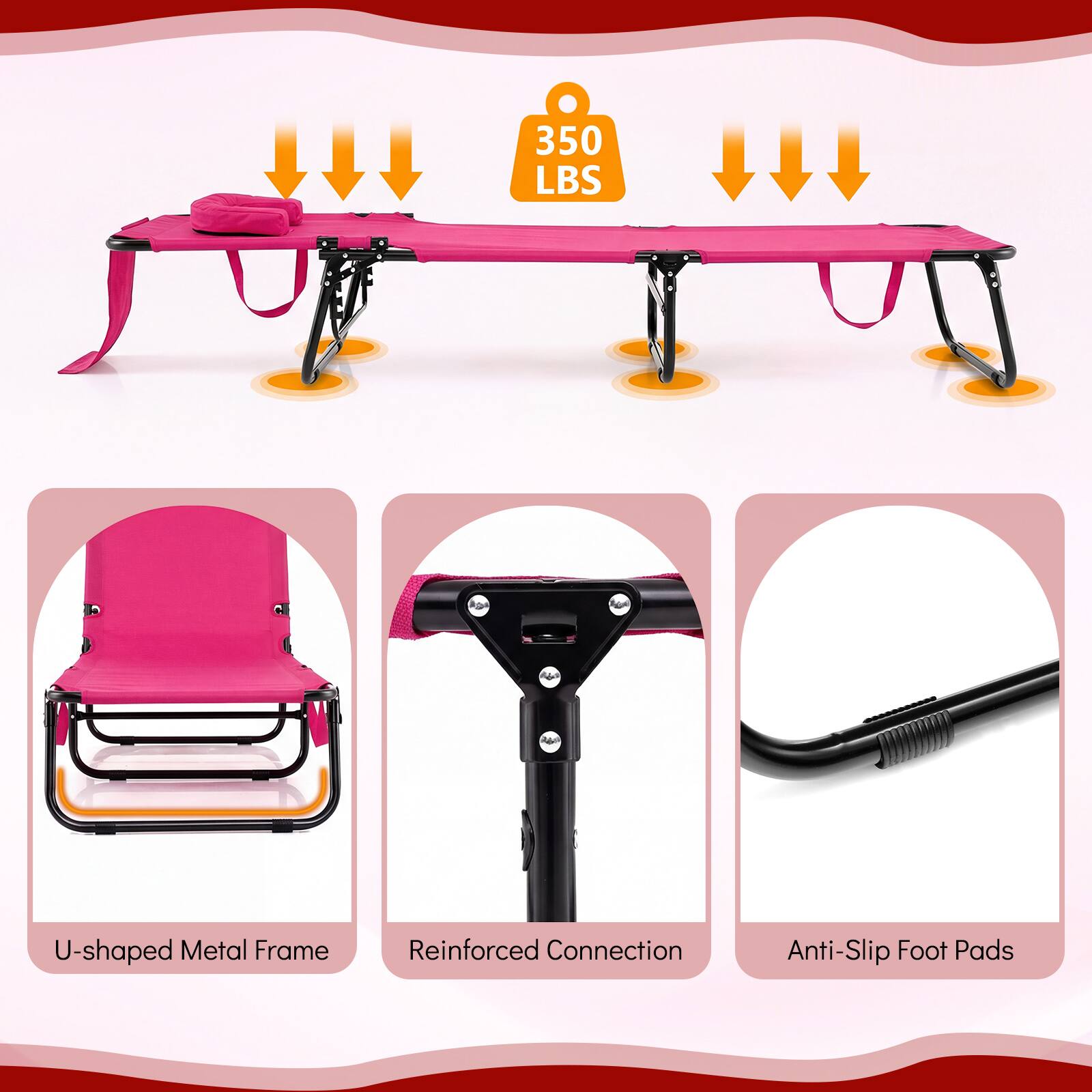 350 LBS  
U-shaped Metal Frame  
Reinforced Connection  
Anti-Slip Foot Pads