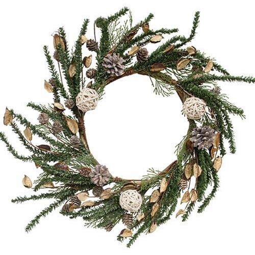 BreeBe - Birch Cone Pod & Glitter Rattan Ball Pine Wreath - Multi