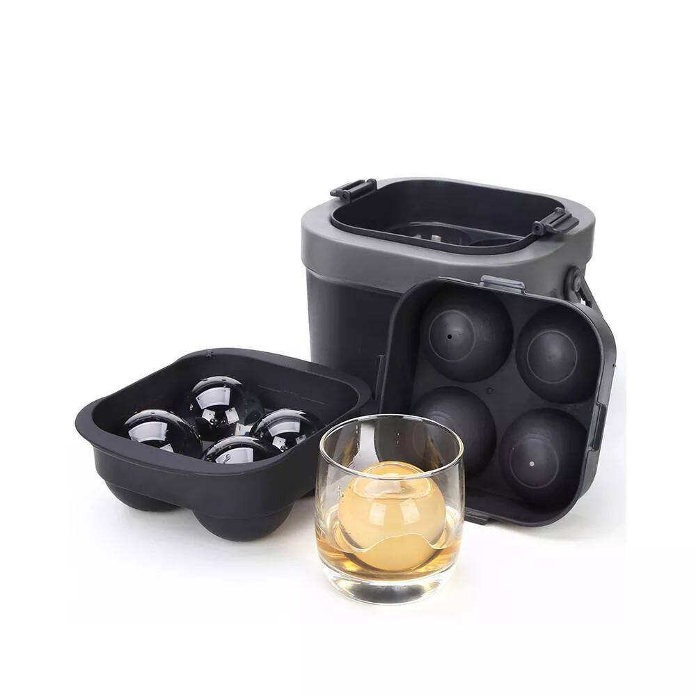 Front. HONGGE - Ice Ball Maker with Silicone Tray and Insulated Bucket for Crystal Clear Spheres - Black.