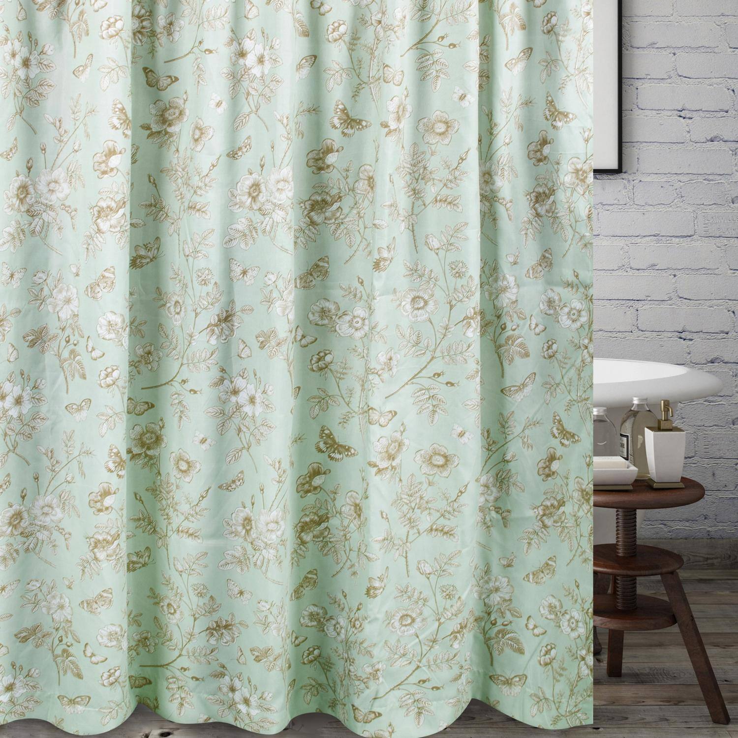 Angle. Greenland Home Fashions - Greenland Home Fashions Olivia Floral and Butterfly Print 12 Buttonholes Bath Shower Curtain 72" x 72" Mint - Mint.