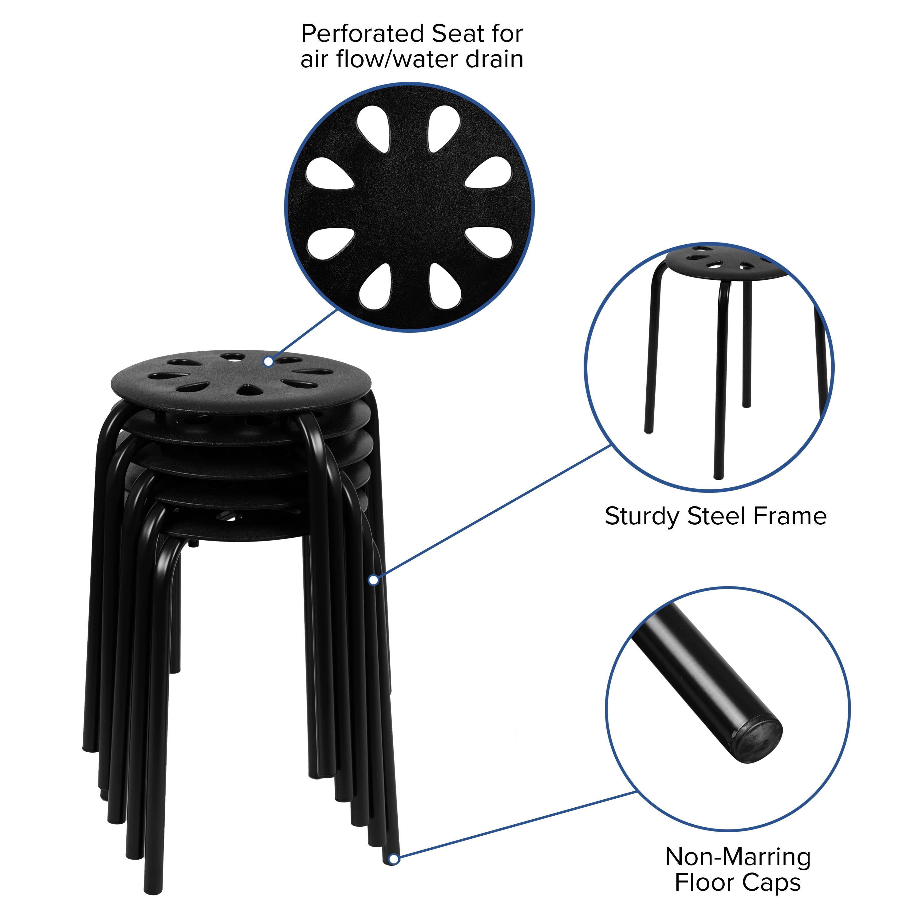 - Perforated Seat for air flow/water drain
- Sturdy Steel Frame
- Non-Marring Floor Caps