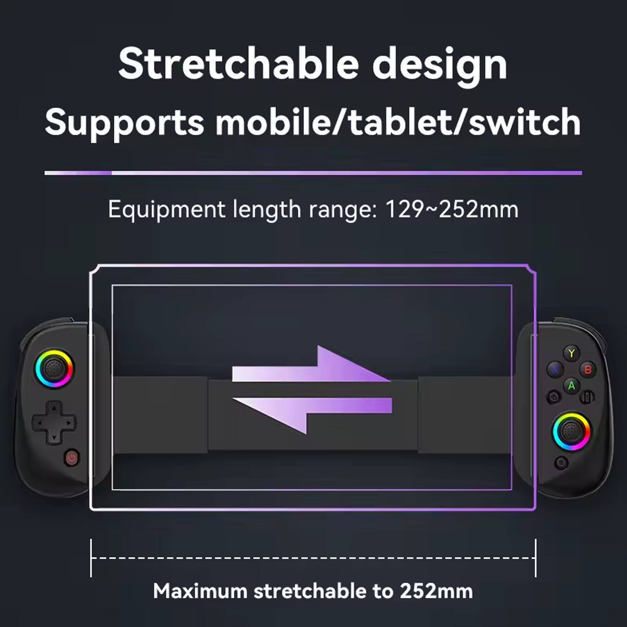 Stretchable design  
Supports mobile/tablet/switch  

Equipment length range: 129~252mm  

Maximum stretchable to 252mm