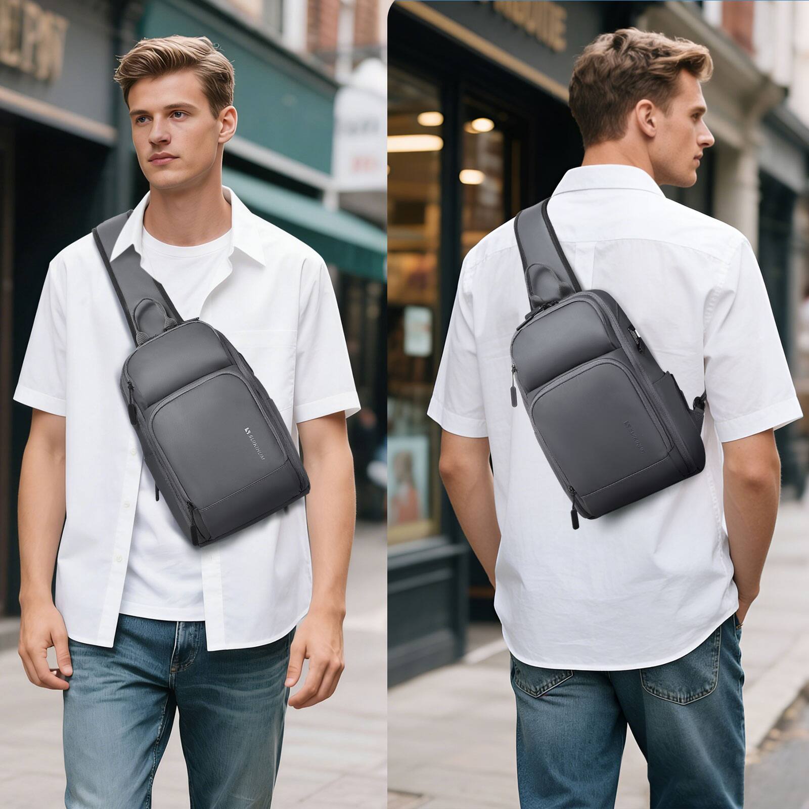 Alt View 5. Unique Bargains - Men's Sling Bag Convertible Anti Theft Sling Backpack 11" One Shoulder Crossbody Backpack with USB Charging Port - Dark Grey.
