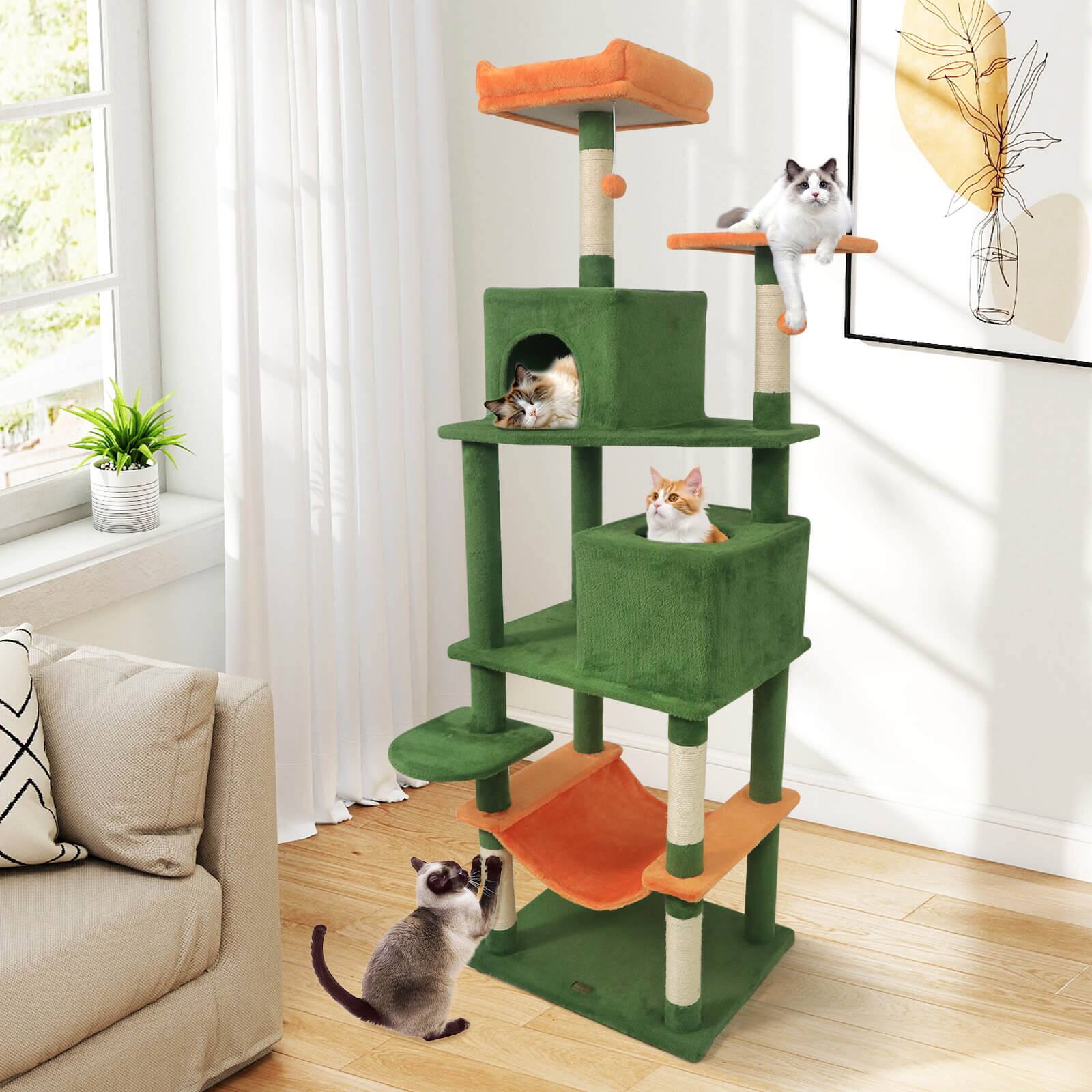 Alt View 1. Costway - Costway 70" Cat Tree for Indoor Cats with Padded Top Perch, Dual Condos, Hammock, Platforms - Green.