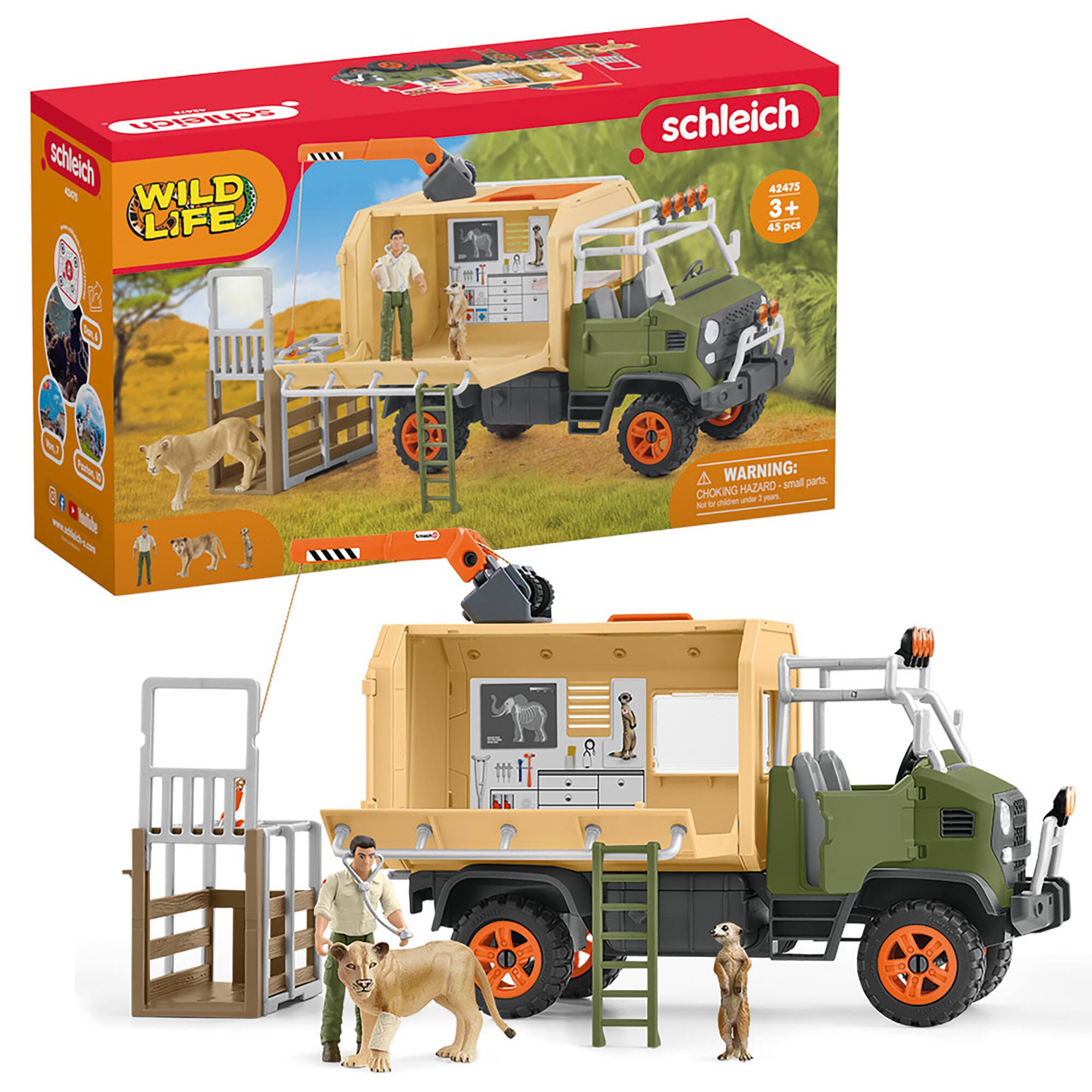 The image features a toy truck and a toy dog, both part of the Schleich Wild Life toy set. The toy truck is green and has a ladder on it. The toy dog is standing next to the truck, and there is also a person nearby. The toy set includes a total of 43 pieces, making it a fun and engaging playset for children. However, it is essential to note that the toy set contains small parts, which could pose a choking hazard for young children. Parents and caregivers should supervise children while playing with this toy set to ensure their safety.