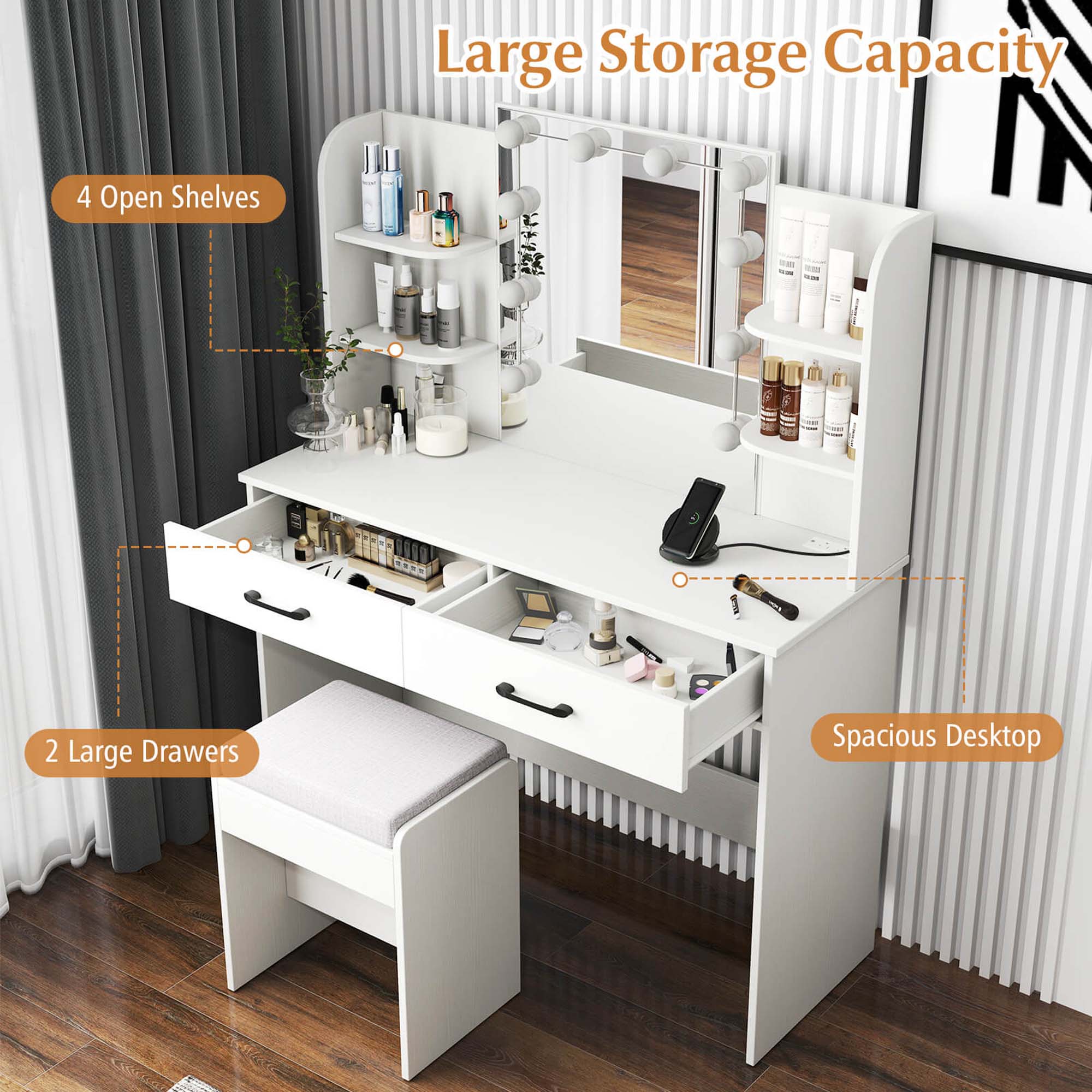 Large Storage Capacity

4 Open Shelves

2 Large Drawers

Spacious Desktop