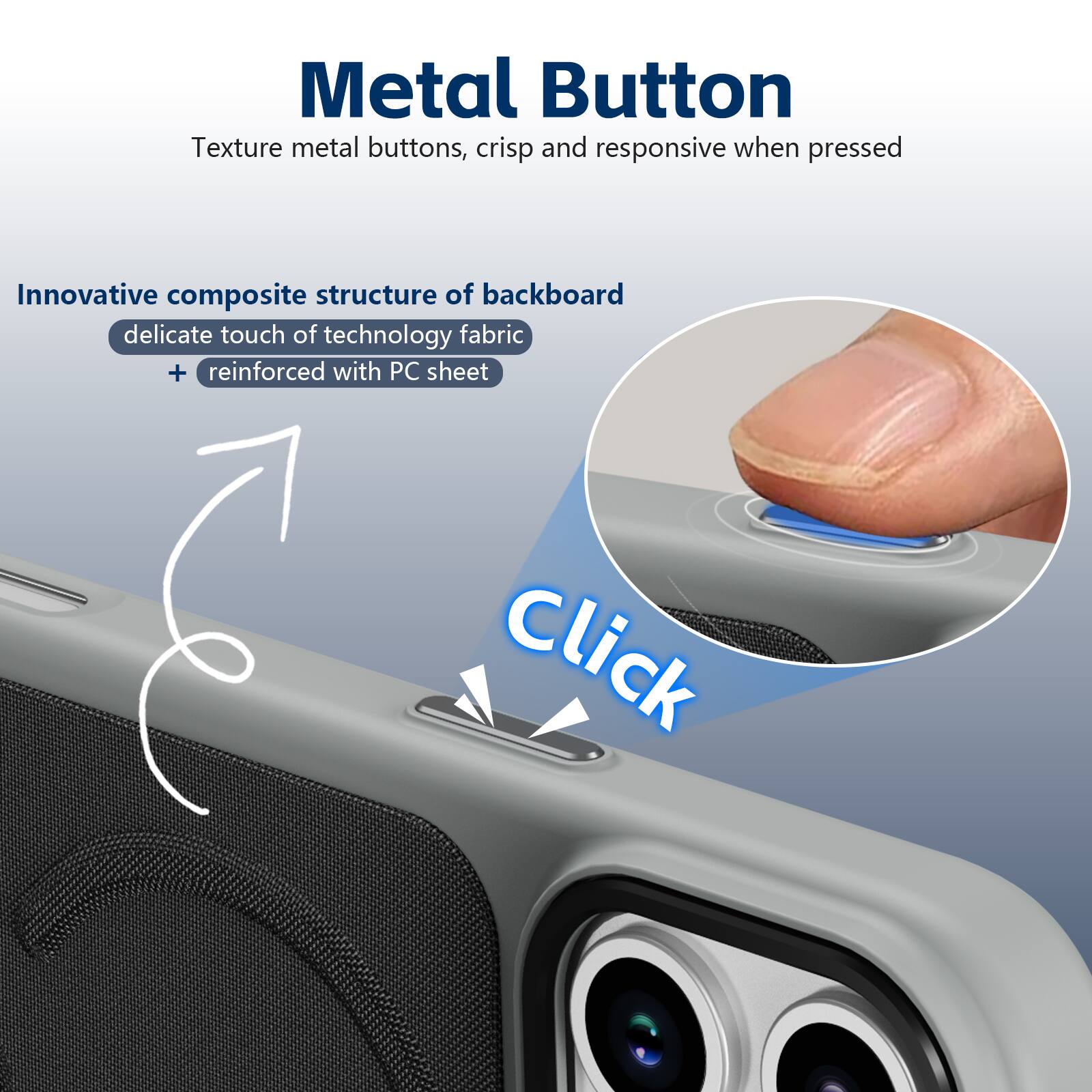 Metal Button  
Texture metal buttons, crisp and responsive when pressed  

Innovative composite structure of backboard  
delicate touch of technology fabric + reinforced with PC sheet  

Click