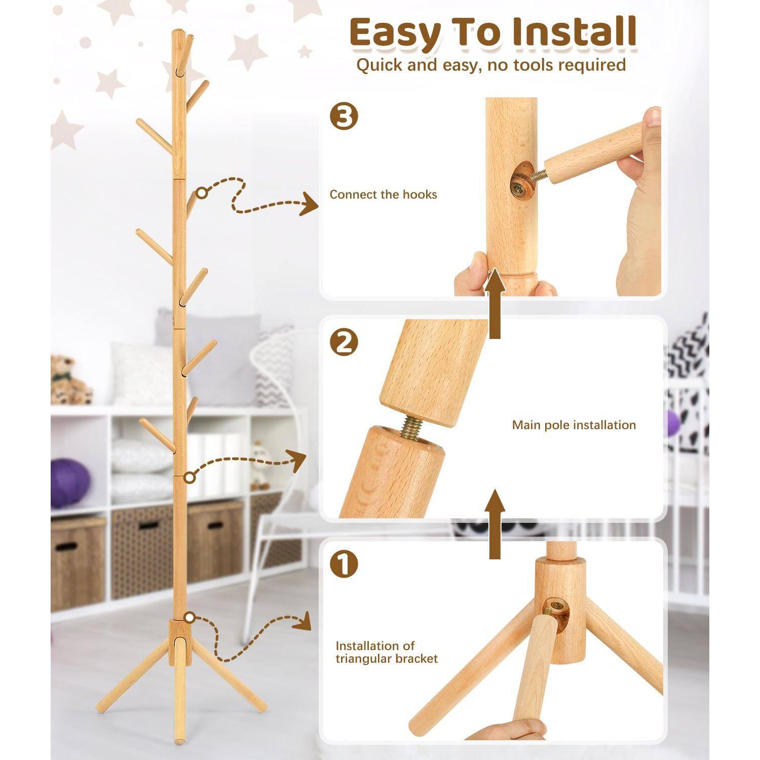 Easy To Install  
Quick and easy, no tools required  

1. Installation of triangular bracket  
2. Main pole installation  
3. Connect the hooks