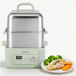 VEVOR - Electric Food Steamer 13.7 QT 2-Tier Stainless Steel for 3-6 Servings, 1500W Vegetable & Meal Steamer for Cooking - Green;Silver