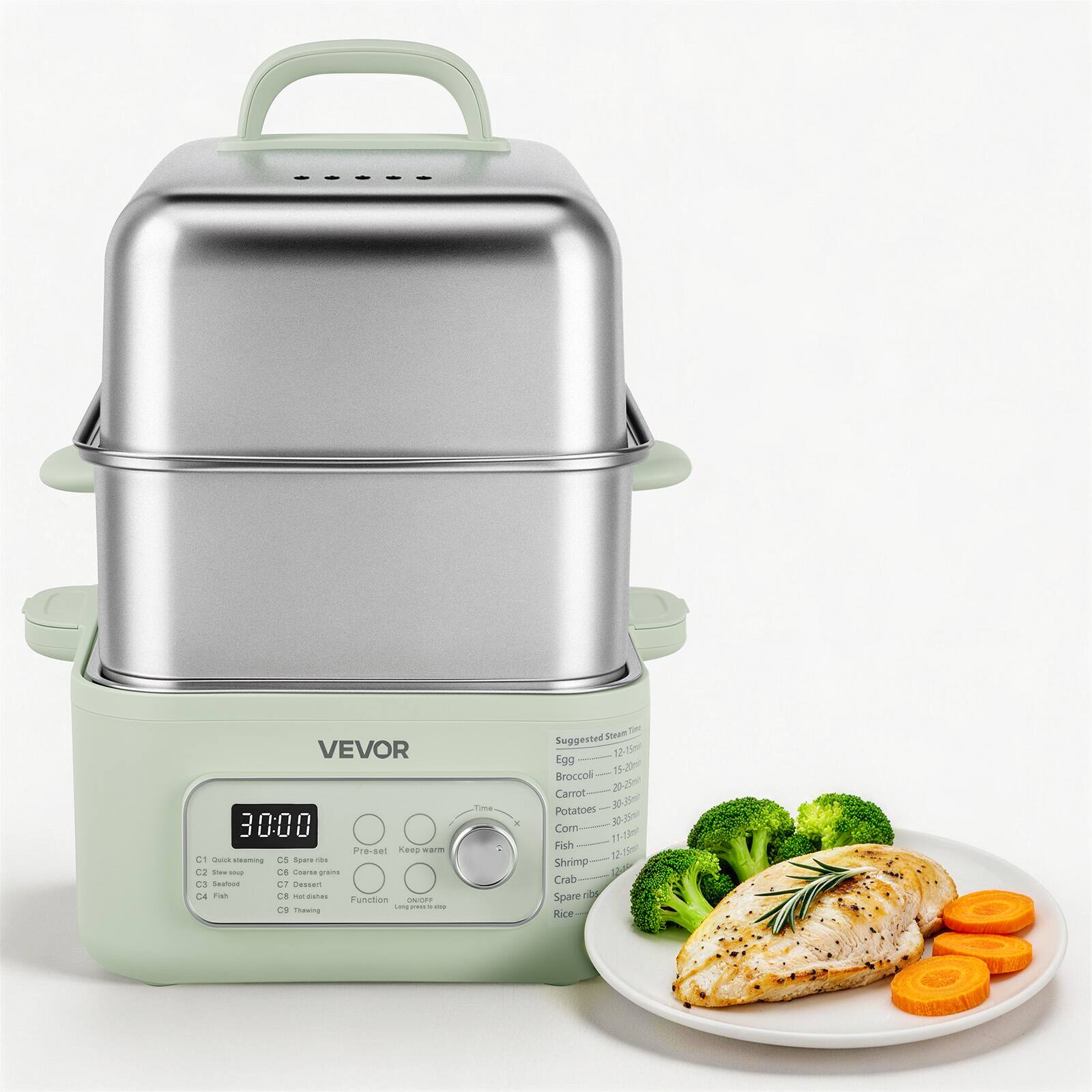 VEVOR - Electric Food Steamer 13.7 QT 2-Tier Stainless Steel for 3-6 Servings, 1500W Vegetable & Meal Steamer for Cooking - Green;Silver