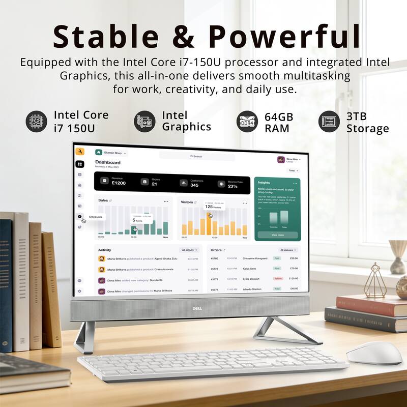 Stable & Powerful  
Equipped with the Intel Core i7-150U processor and integrated Intel Graphics, this all-in-one delivers smooth multitasking for work, creativity, and daily use.  

Intel Core i7 150U  
Intel Graphics  
64GB DDR4 RAM  
3TB Storage  

Dashboard  
£1200  
21  
345  
125  
23%  

Sales  
Visitors  
Activity  
Orders  

Maria Brinkova published a product "Agree Shu Zulu"  
Maria Brinkova published a product "Crescendo"  
Olima More added a new category "Bouquets"  
Olima More changed permissions for Maria Brinkova