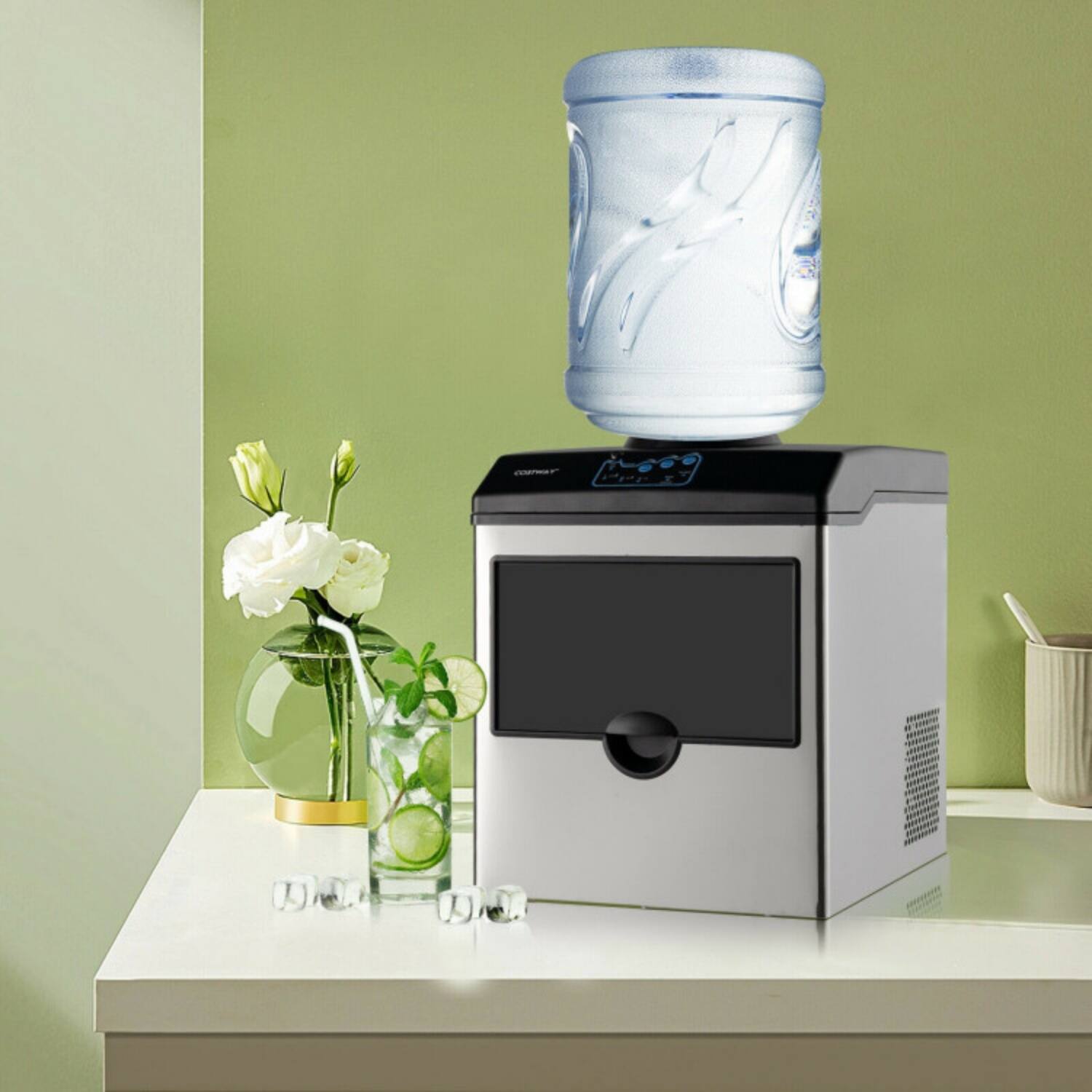 Angle. LUCKY ONE - 2-in-1 Countertop Ice Maker & Water Dispenser 48 lbs/24h Stainless Steel - Silver and black.