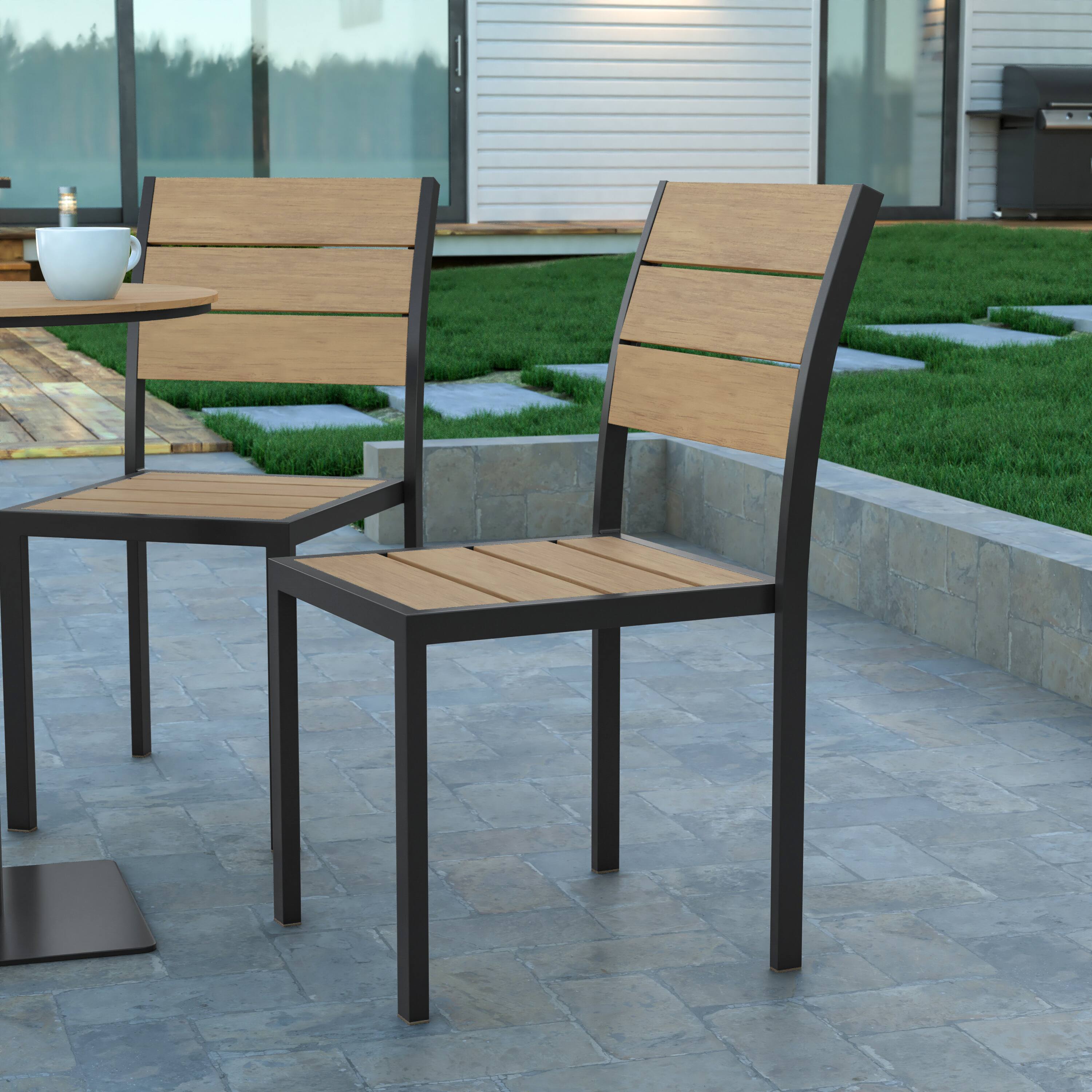 Alt View 1. Emma + Oliver - Fena Outdoor Stacking Side Chair with Faux Teak Poly Slat Seat, Back and Arms and Metal Frame - Natural.
