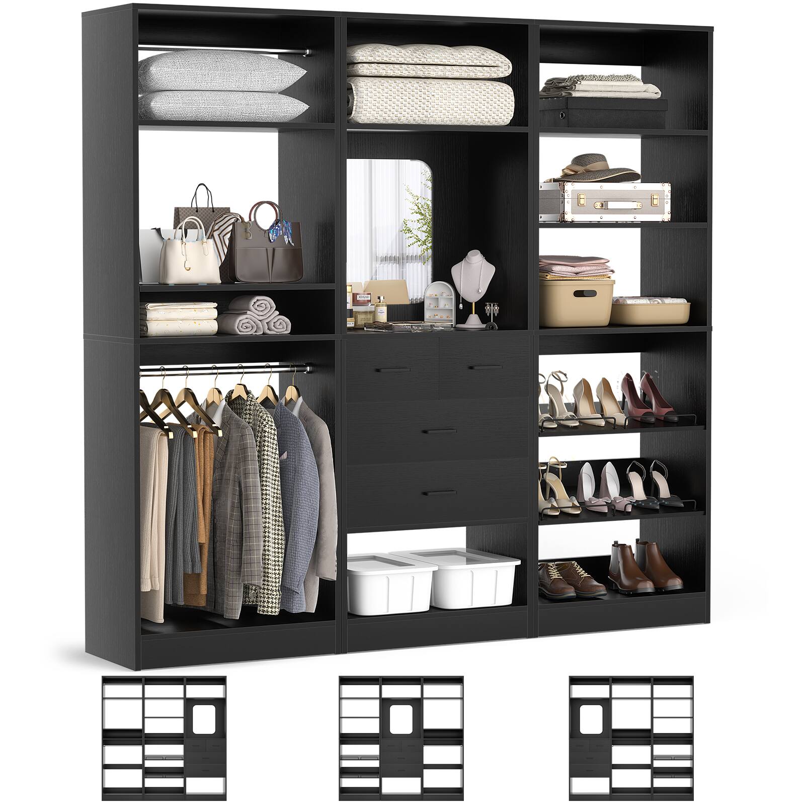 Angle. Aheaplus - 75'' Wide Walk-in Closet Organizer System, All-in-One Storage System with Drawers, Hanging Rods and Shelves - Black.