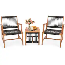 Costway - Patio 3pcs Acacia Wood Outdoor Furniture Bistro Set All-Weather Rope Woven - Black,Natural