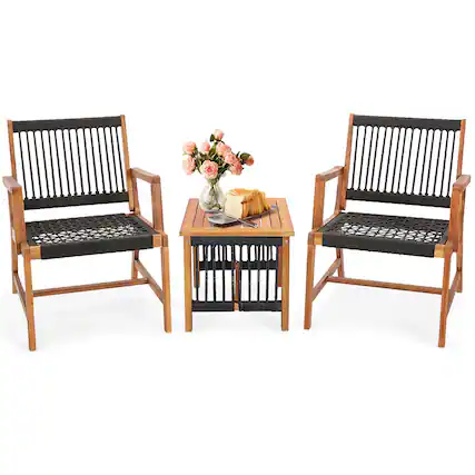 Front. Costway - Costway Patio 3pcs Acacia Wood Outdoor Furniture Bistro Set All-Weather Rope Woven - Black,Natural.
