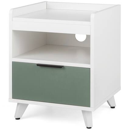 Front. WELLFOR - Modern LED Nightstand with Sliding Drawer and Open Compartment - White.