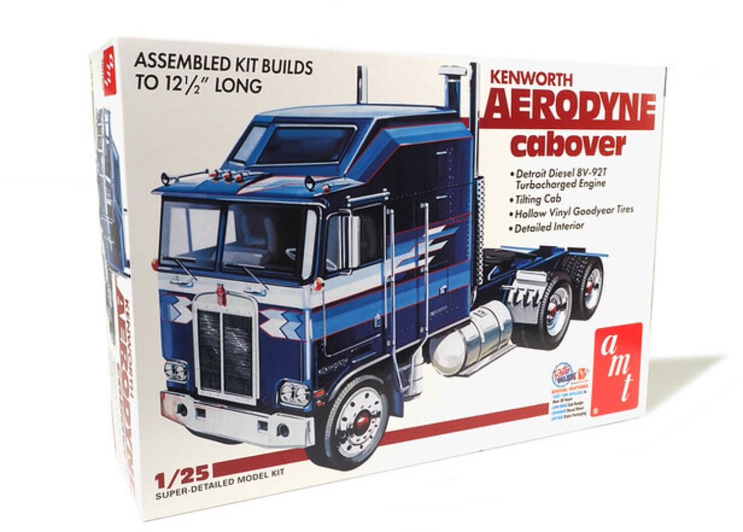 ASSEMBLED KIT BUILDS TO 12 1/2" LONG  
KENWORTH AERODYNE cabover  
Detroit Diesel 8V-92T Turbocharged Engine  
Tilting Cab  
Hollow Vinyl Goodyear Tires  
Detailed Interior  
1/25 MODEL KIT  
SUPER-DETAILED  
AMT
