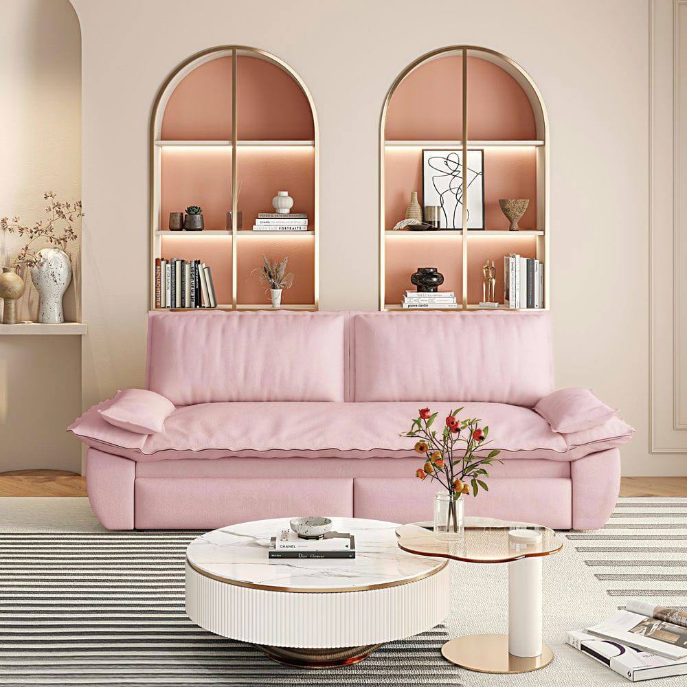 Angle. Kadyn - 73.2" Queen Pull Out Sofa Bed, 3-in-1 Convertible Sleeper Sofa, Velvet Loveseat Bed - Pink.
