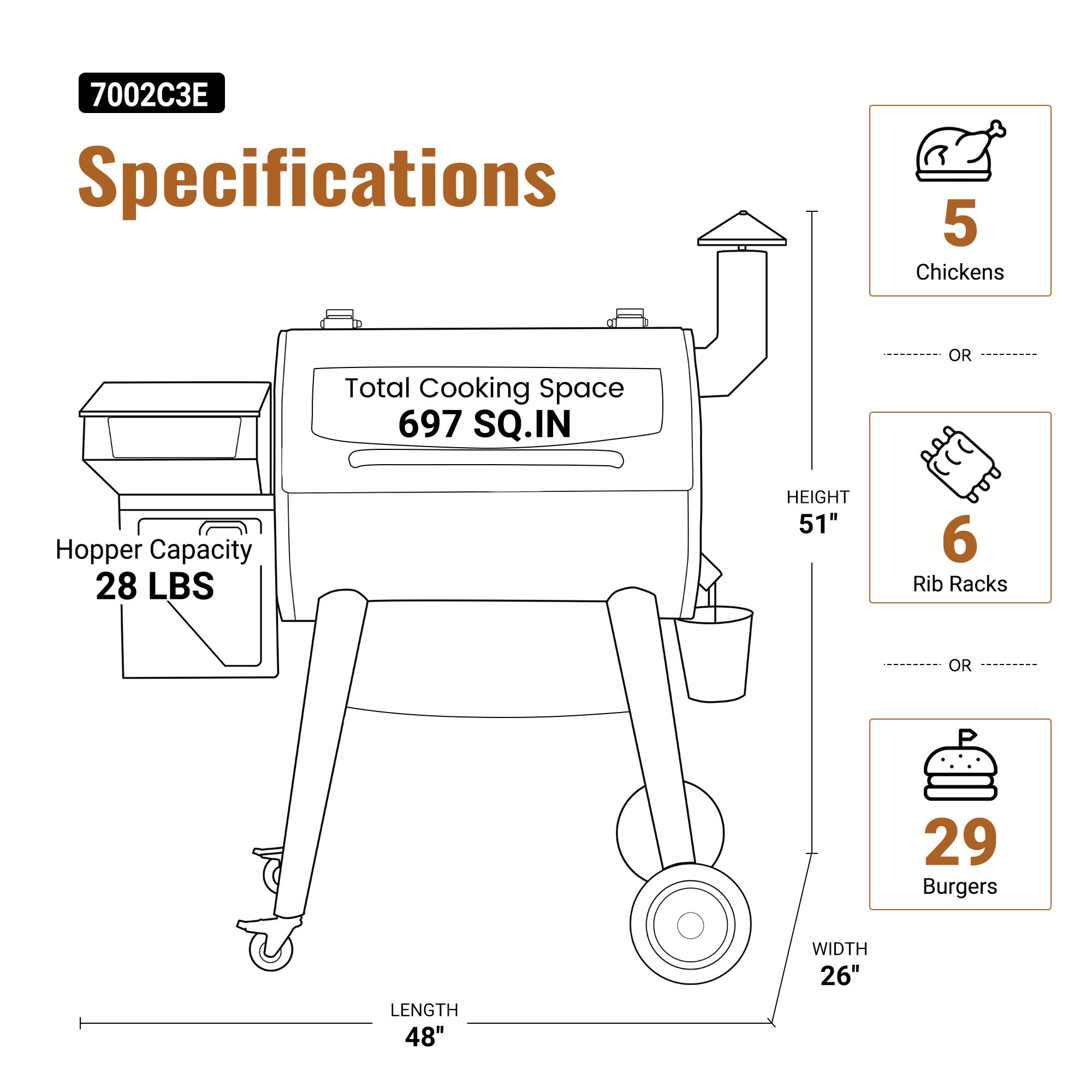 70023E Specifications

Total Cooking Space 697 SQ.IN
Hopper Capacity 28 LBS
HEIGHT 51"
6 Rib Racks
LENGTH 48"
WIDTH 26"
5 Chickens OR 29 Burgers