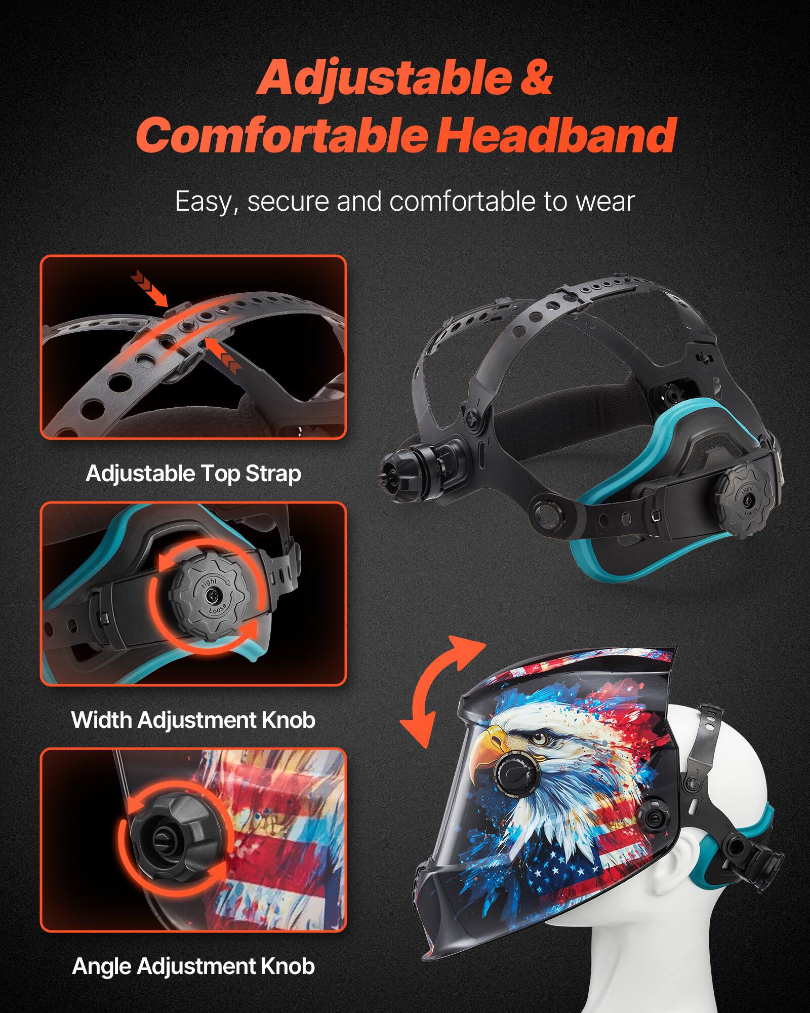 Adjustable & Comfortable Headband  
Easy, secure and comfortable to wear  

Adjustable Top Strap  
Width Adjustment Knob  
Angle Adjustment Knob