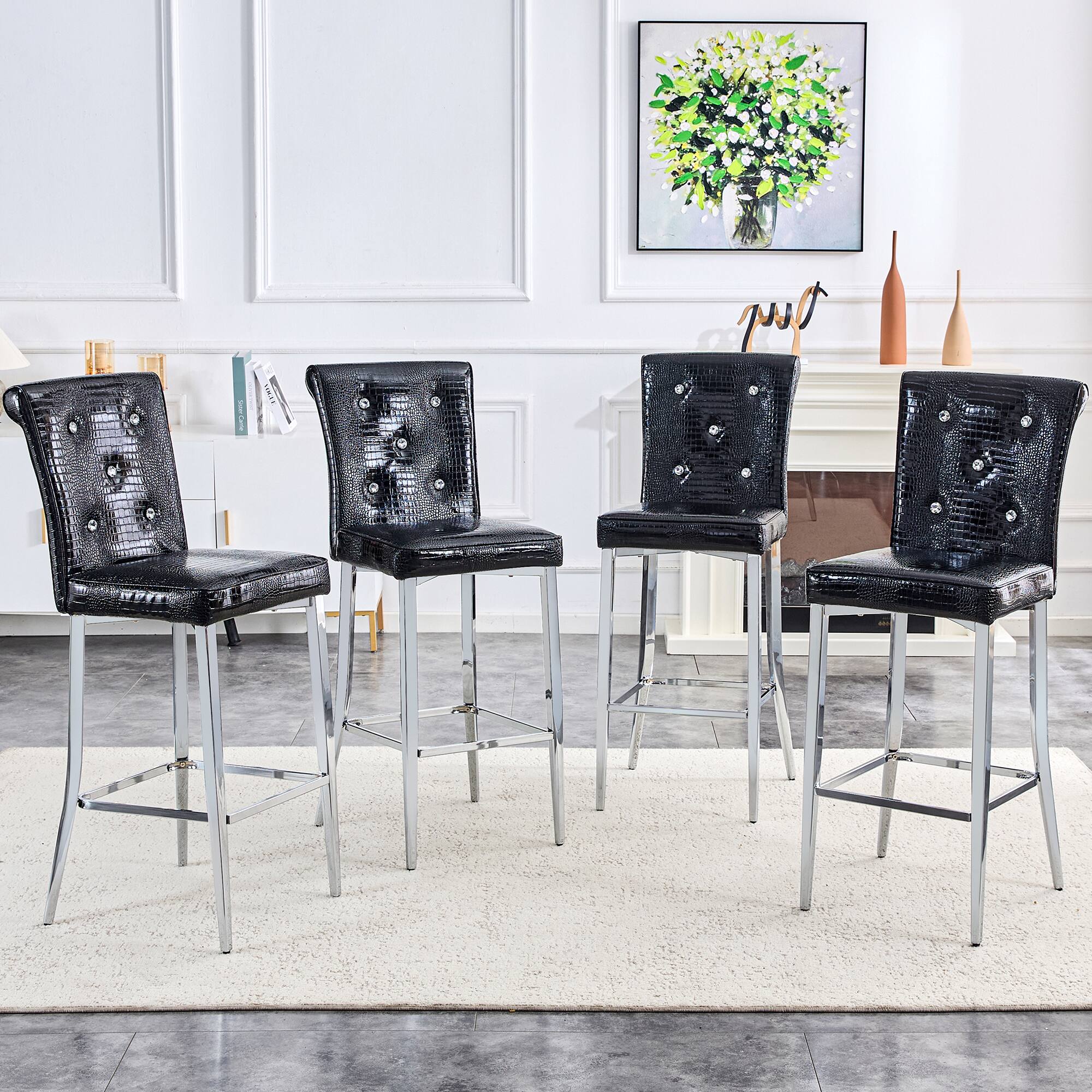 Back. Loheer - Vintage Crocodile Faux Leather Bar Chairs Set of 2 Crystal Tufted Tall Dining Stools 1.8x1.4x3.8 ft - Black.
