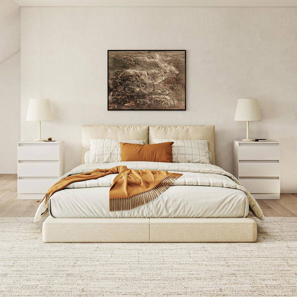 Left. Kadyn - Bedside Nightstand, Sleek White Design, Ample Storage, Waterproof Top, Smooth Rolling Drawers - White 3-Drawer.