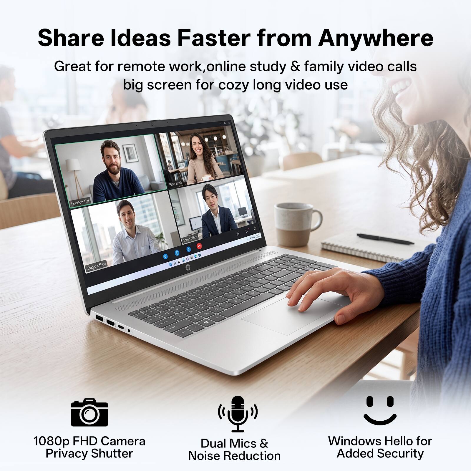 Share Ideas Faster from Anywhere  
Great for remote work, online study & family video calls  
big screen for cozy long video use  

- 1080p FHD Camera  
- Privacy Shutter  
- Dual Mics & Noise Reduction  
- Windows Hello for Added Security