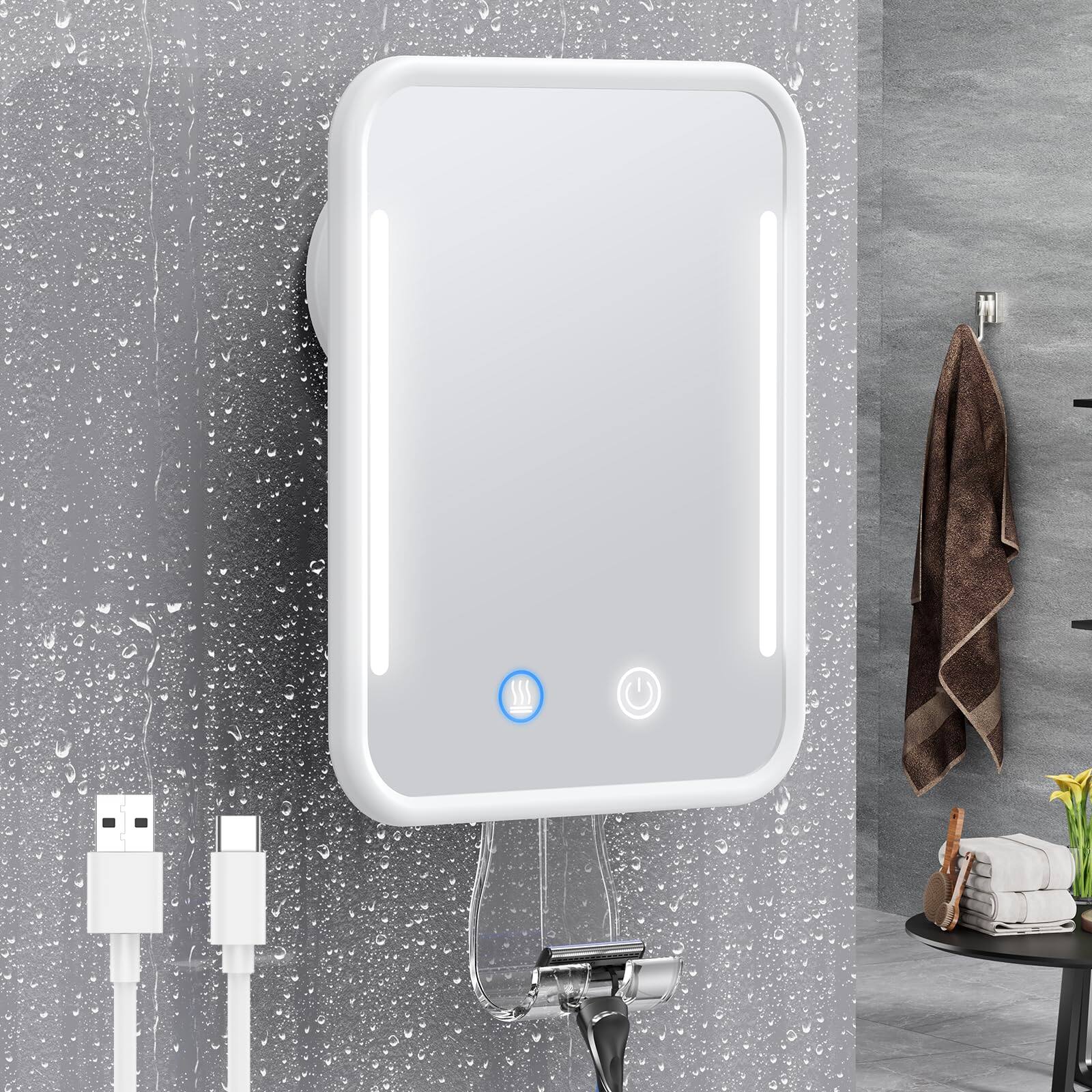 Front. HM 1810 - Heated Shower Mirror Fogless For Shaving With Light Rechargeable And Adjustable Brightness Suction Cup Hold - White.