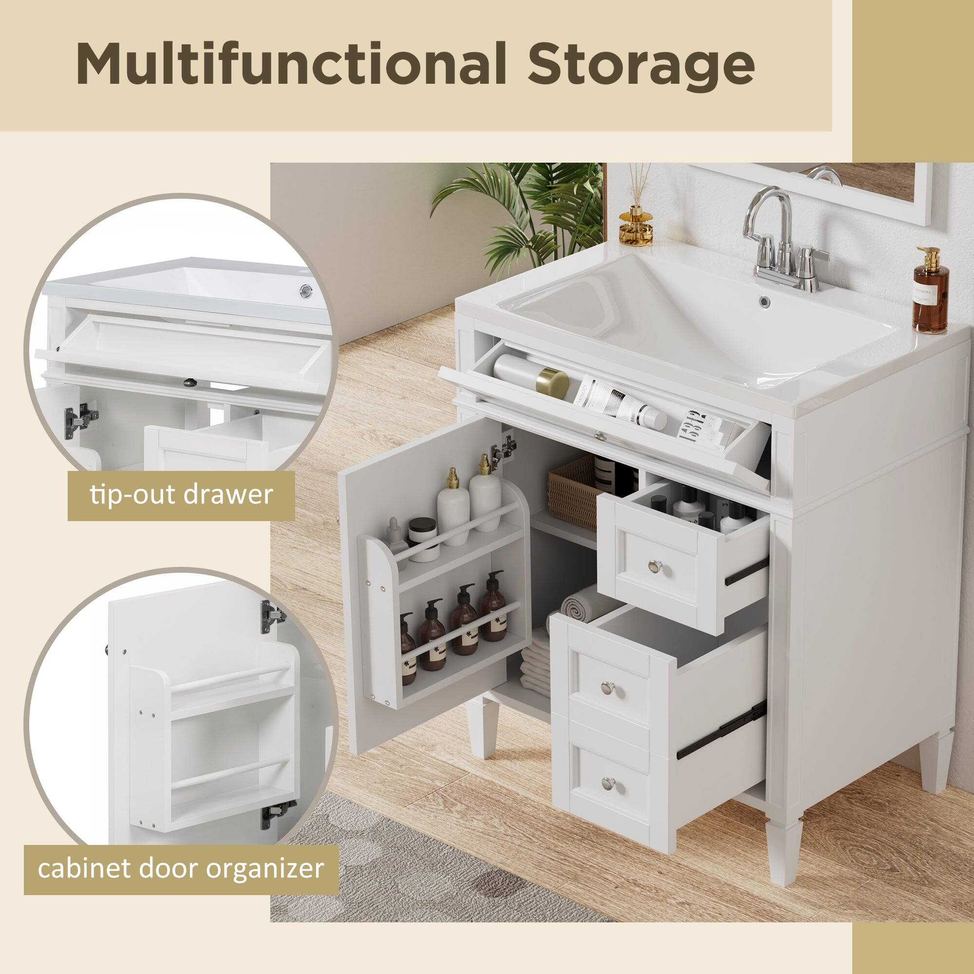 Multifunctional Storage

tip-out drawer

cabinet door organizer