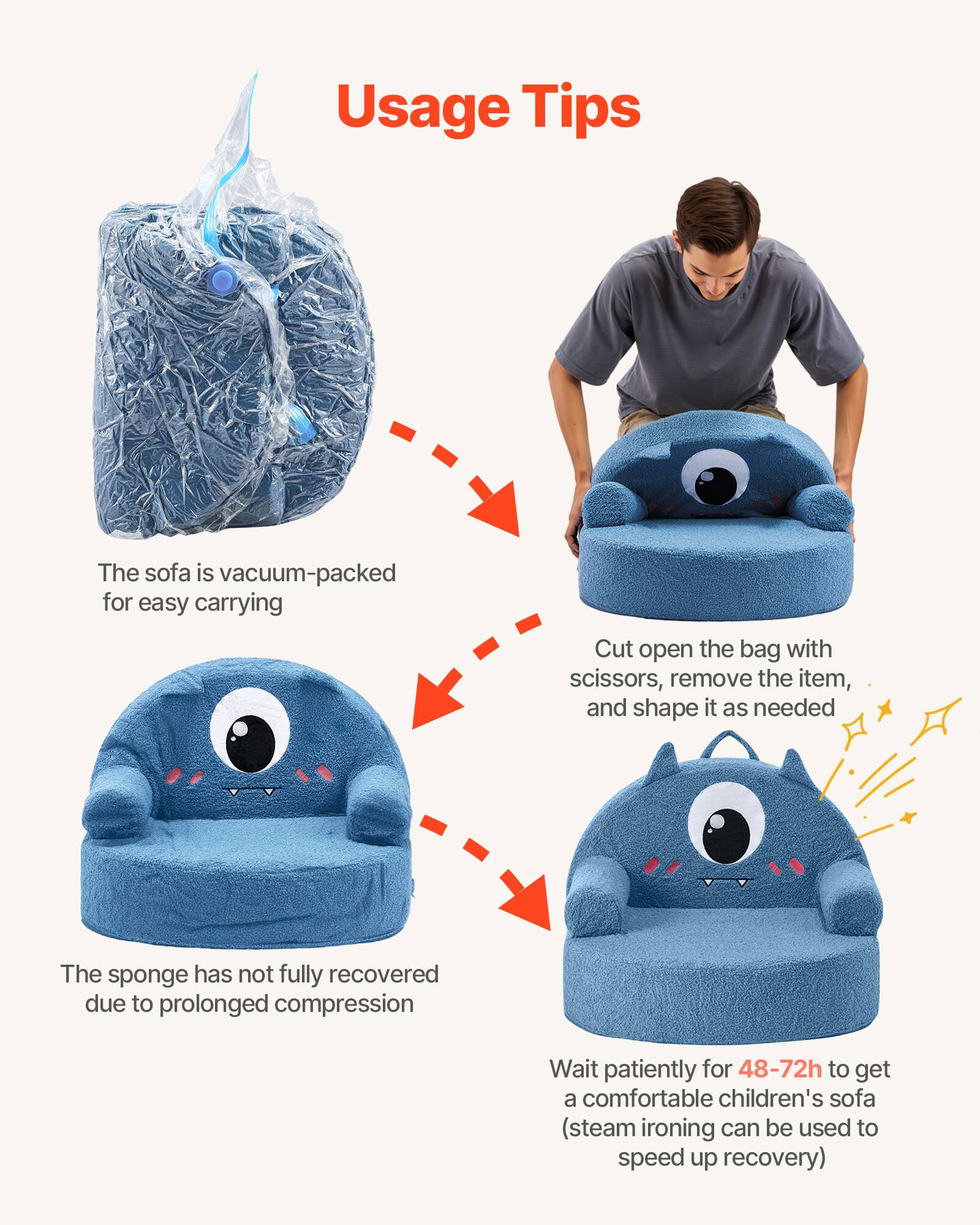 Usage Tips

The sofa is vacuum-packed for easy carrying

Cut open the bag with scissors, remove the item, and shape it as needed

The sponge has not fully recovered due to prolonged compression

Wait patiently for 48-72h to get a comfortable children's sofa (steam ironing can be used to speed up recovery)
