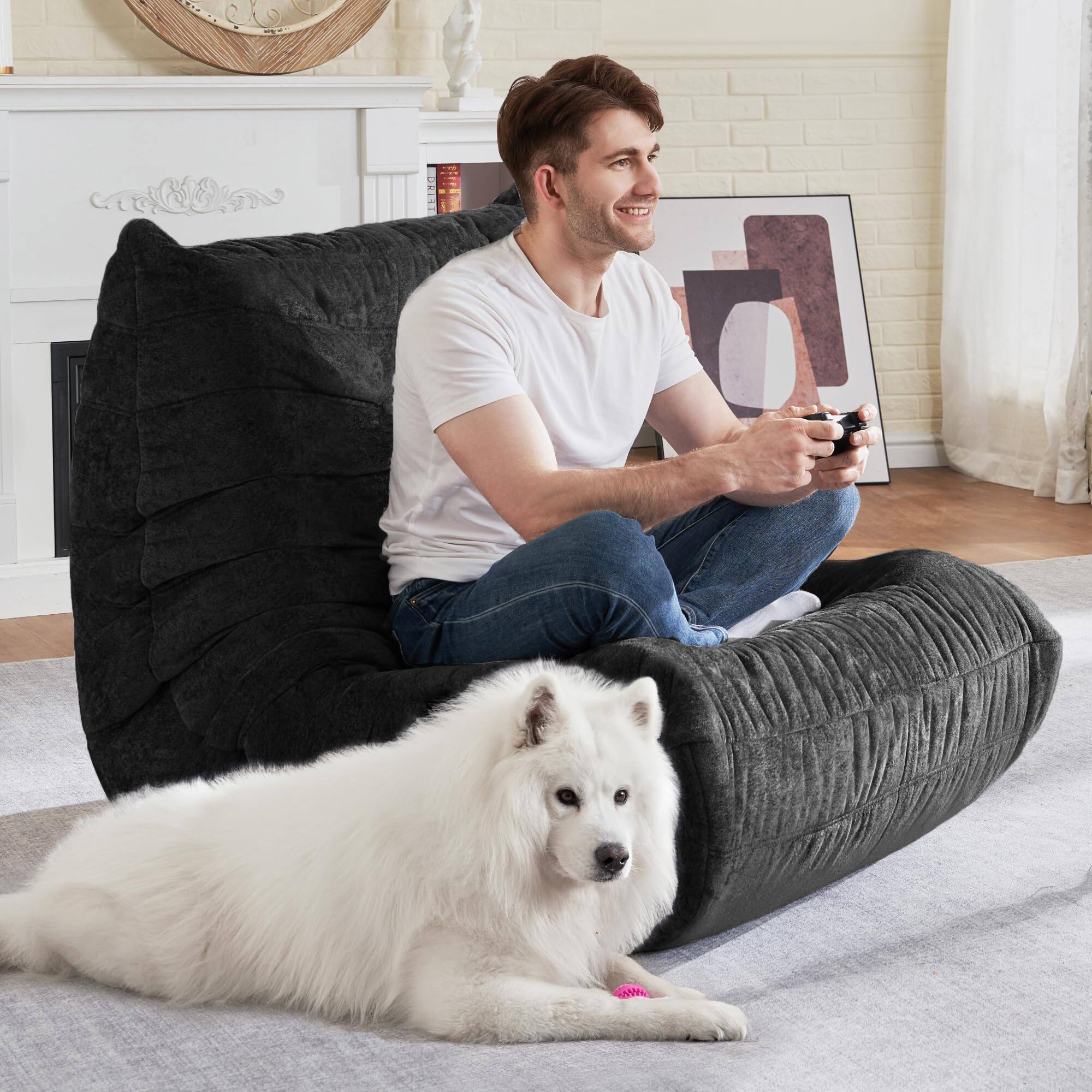 Alt View 3. JETRANSPORT - Bean Bag Chair Giant Chairs For Adults Sofa With Filler Faux Memory Foam Couches Fireside Lazy Living - Teddy Fleece-black Single.