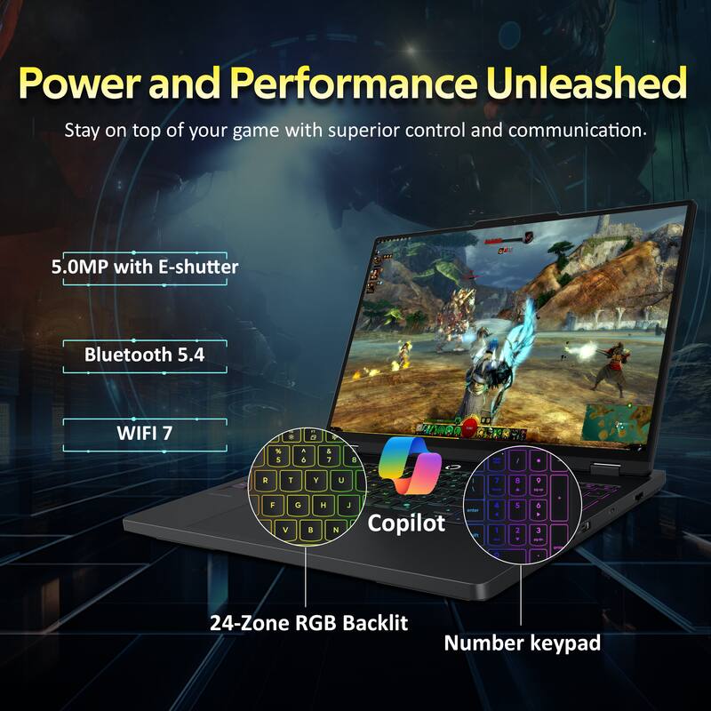Power and Performance Unleashed  
Stay on top of your game with superior control and communication.  

5.0MP with E-shutter  
Bluetooth 5.4  
WIFI 7  

24-Zone RGB Backlit  
Number keypad  
Copilot