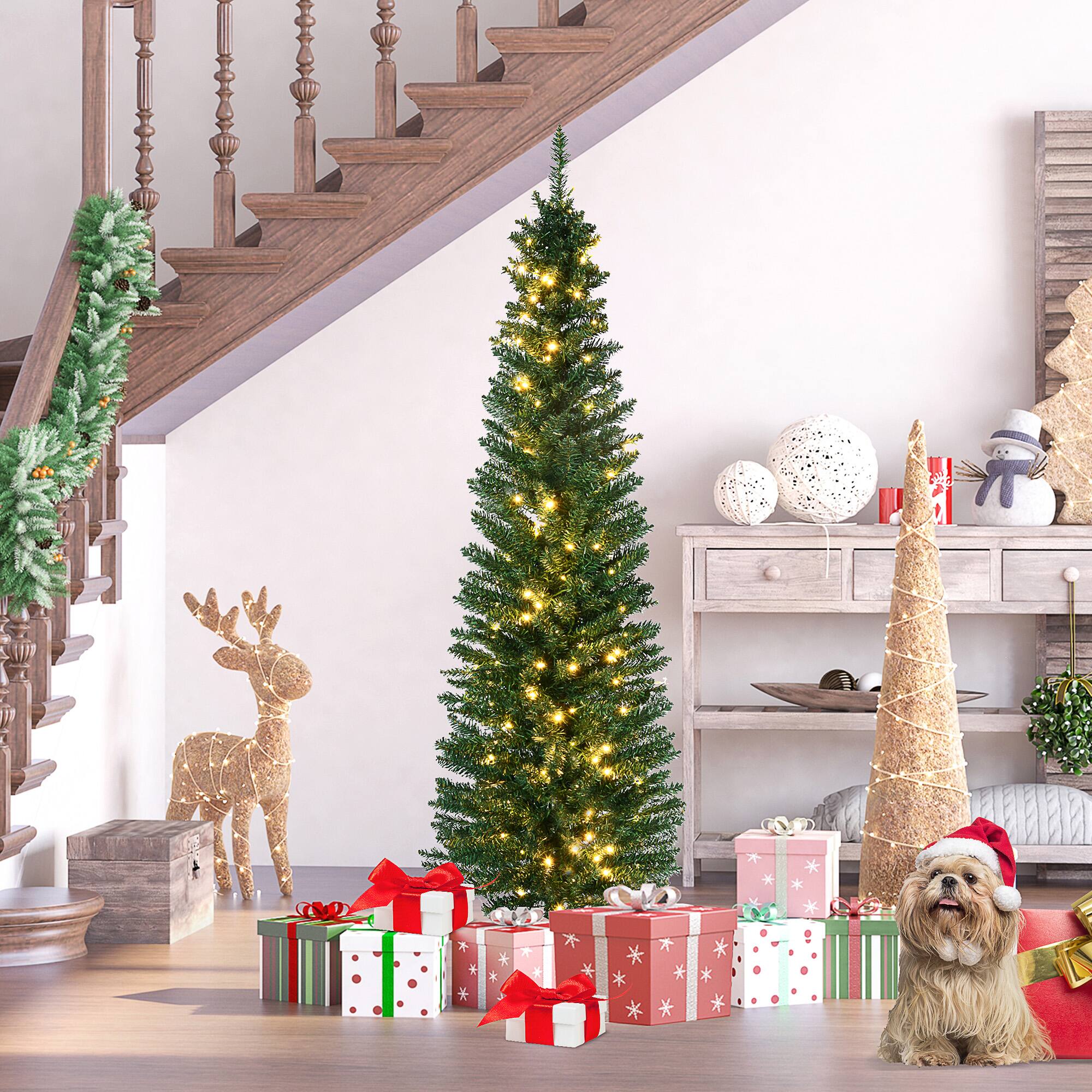 Alt View 1. Homcom - Tall Pre-Lit Slim Noble Fir Artificial Christmas Tree with Realistic Branches, Warm White LED Lights and Tips - green.