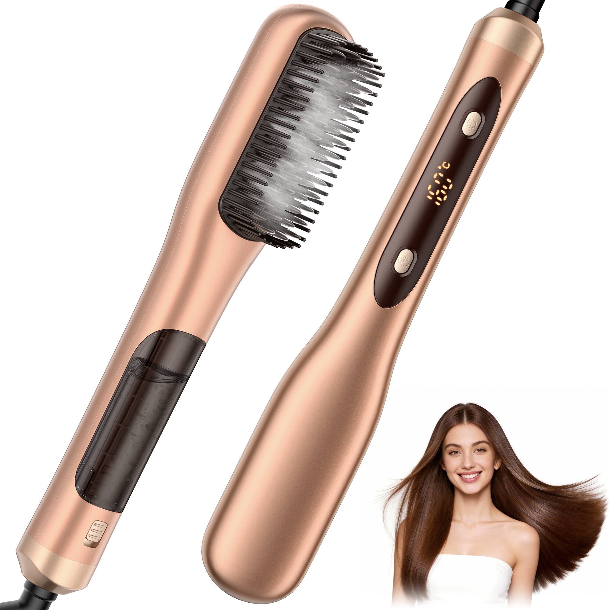 Teendow - Steam Hair Straightening Brush – Hair Straightener for Fast Styling, 5 Temp Settings, Gentle Hair Protection - Orange