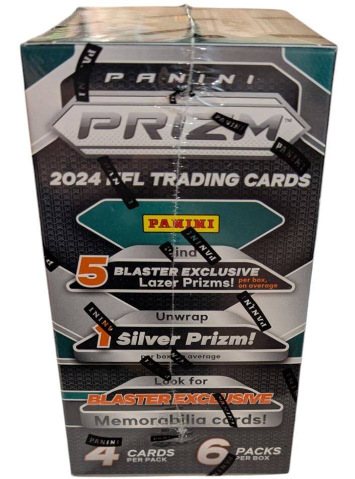 PANINI PRIZM  
2024 NFL TRADING CARDS  

- Find 5 BLASTER EXCLUSIVE Prizms! per box, on average  
- Unwrap 1 Silver Prizm! per box, on average  
- Look for BLASTER EXCLUSIVE Memorabilia cards!  

6 PACKS  
4 CARDS PER PACK