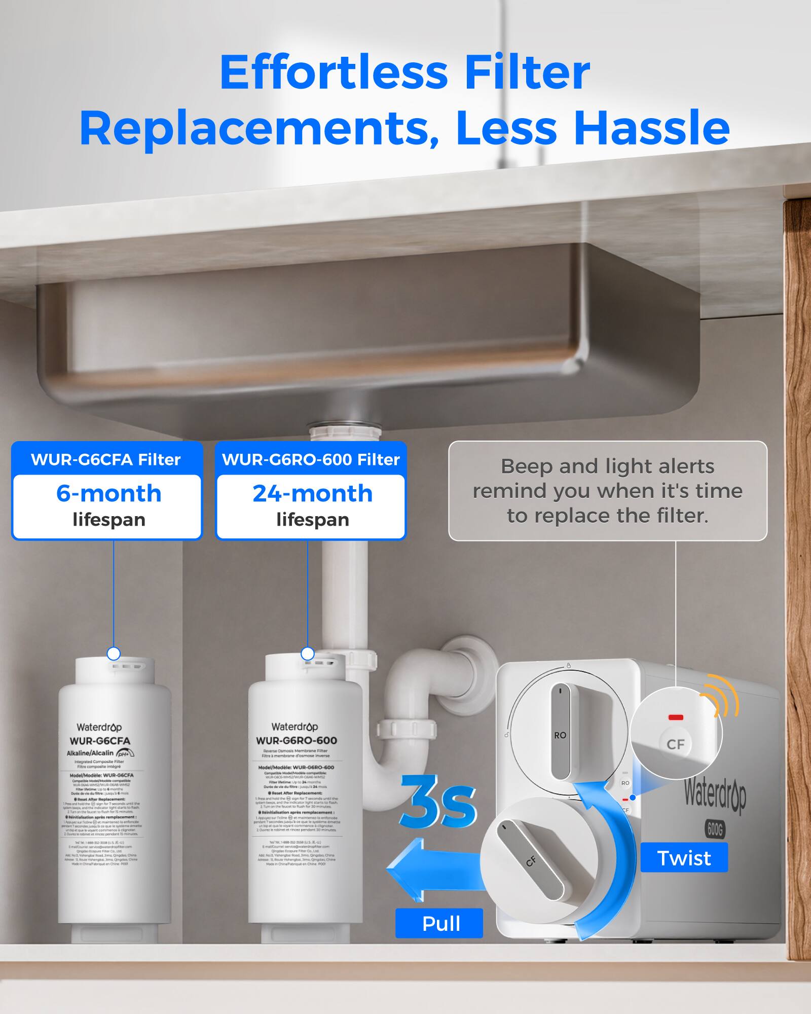 Effortless Filter Replacements, Less Hassle

WUR-G6CFA Filter
6-month lifespan

WUR-G6RO-600 Filter
24-month lifespan

Beep and light alerts remind you when it's time to replace the filter.

Waterdrop WUR-G6CFA Alkaline/Alcalin
Mode/Modèle: WUR-G6CFA

Waterdrop WUR-G6RO-600
- CHANNOMES: WONDERFOODCHING
- communicioles: - - - - - - - - - - - - Impressements - + - - - Nuthetfination - - - - - - - - - - - - The - -

3s
RO
CF Waterdrop 500G Twist
Pull