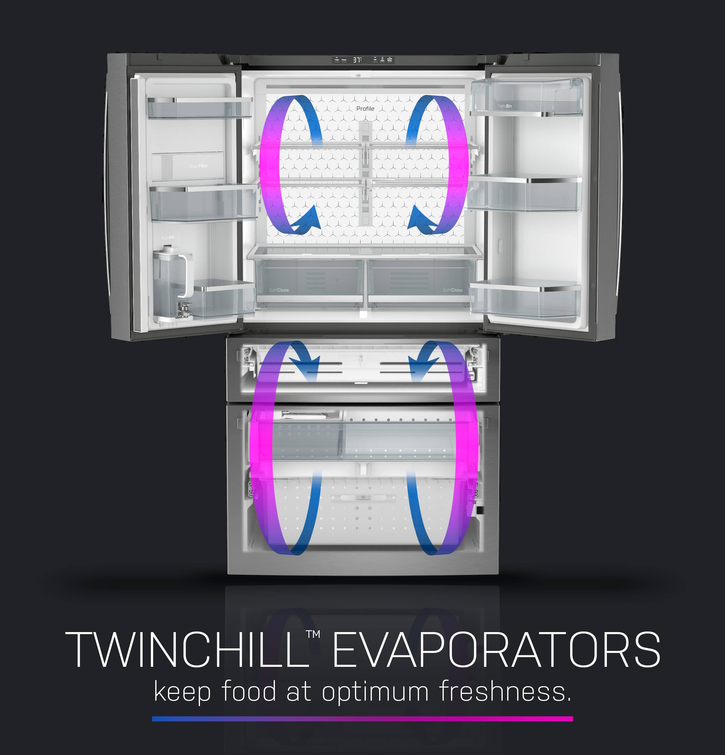 3T Doin Profile CIO Clese SohCese

A

TM TWINCHILL EVAPORATORS keep food at optimum freshness.