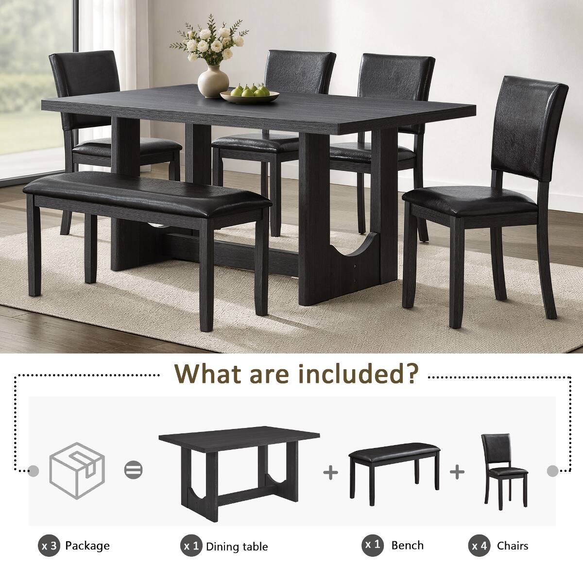 What are included?

- x3 Package
- x1 Dining table
- x1 Bench
- x4 Chairs